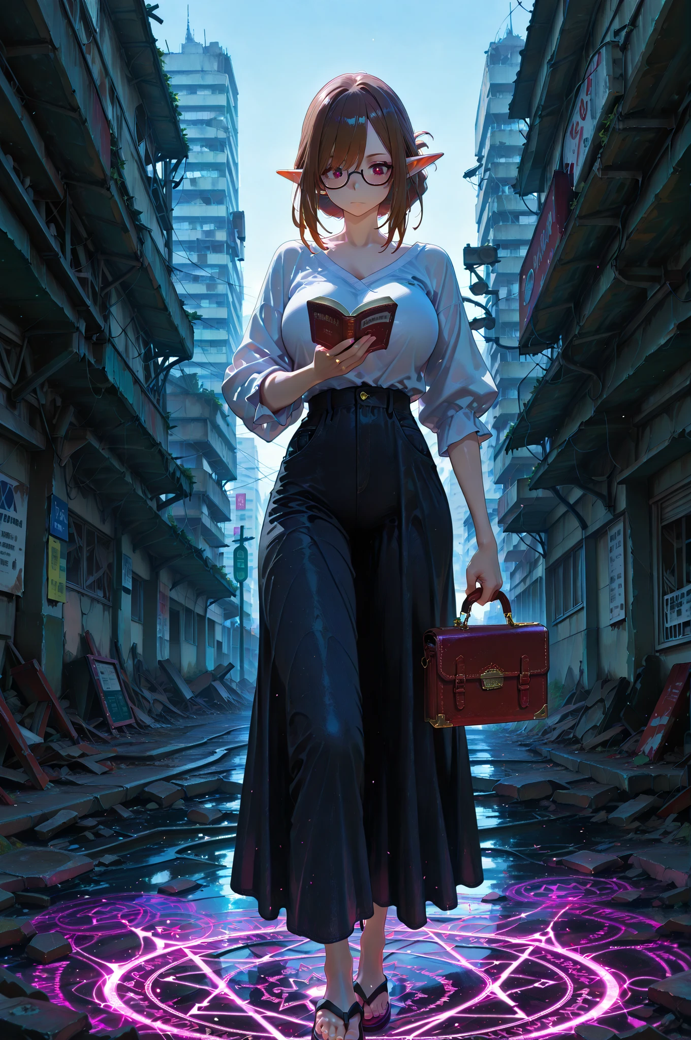 masterpiece, best quality, amazing quality, very aesthetic, high resolution, newest, hyper-detailed, (long shot),solo, female character, ((Sumireko Ogawa from Mysterious Disappearances)) pointed ears, elf ears, MILF, casual look wearing contemporary fashion clothes en flip-flops carrying a book in one hand, standing on a magic circle that glows incandescently,  a modern city in ruins on the background, fan art