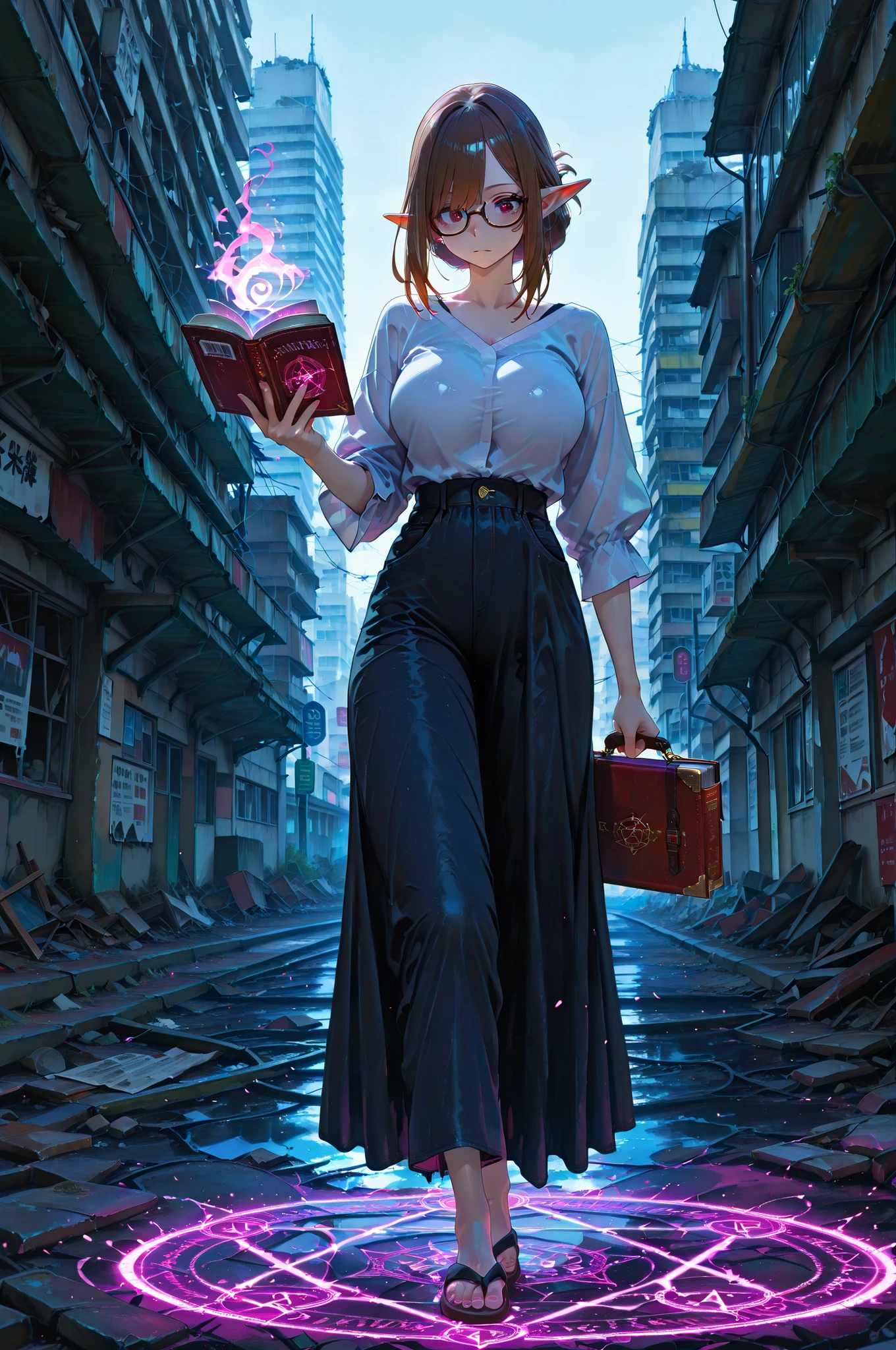 masterpiece, best quality, amazing quality, very aesthetic, high resolution, newest, hyper-detailed, (long shot),solo, female character, ((Sumireko Ogawa from Mysterious Disappearances)) pointed ears, elf ears, MILF, casual look wearing contemporary fashion clothes en flip-flops carrying a book in one hand, standing on a magic circle that glows incandescently,  a modern city in ruins on the background, fan art