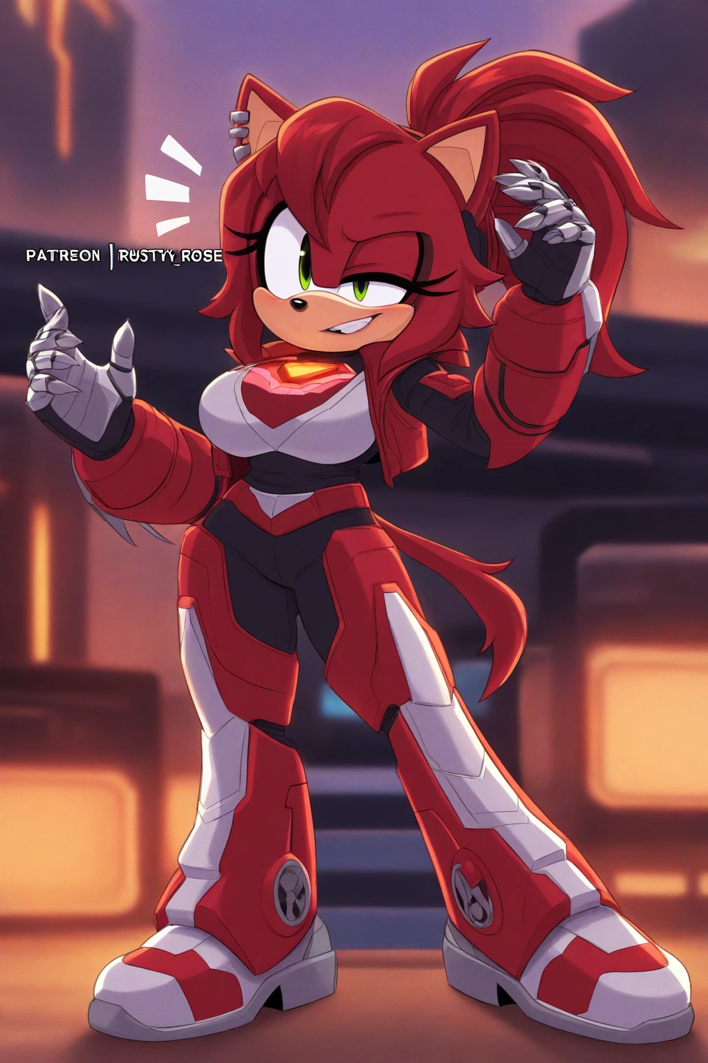 mobian, , 1girl, solo, animal ears, gloves, furry female, boots, animal nose, smile, white gloves, thigh boots, clenched hands, signature, high heels, teeth, full body, standing, standing on one leg, looking at viewer, ponytail, yellow eyes, breasts, grin, makeup, thighhighs