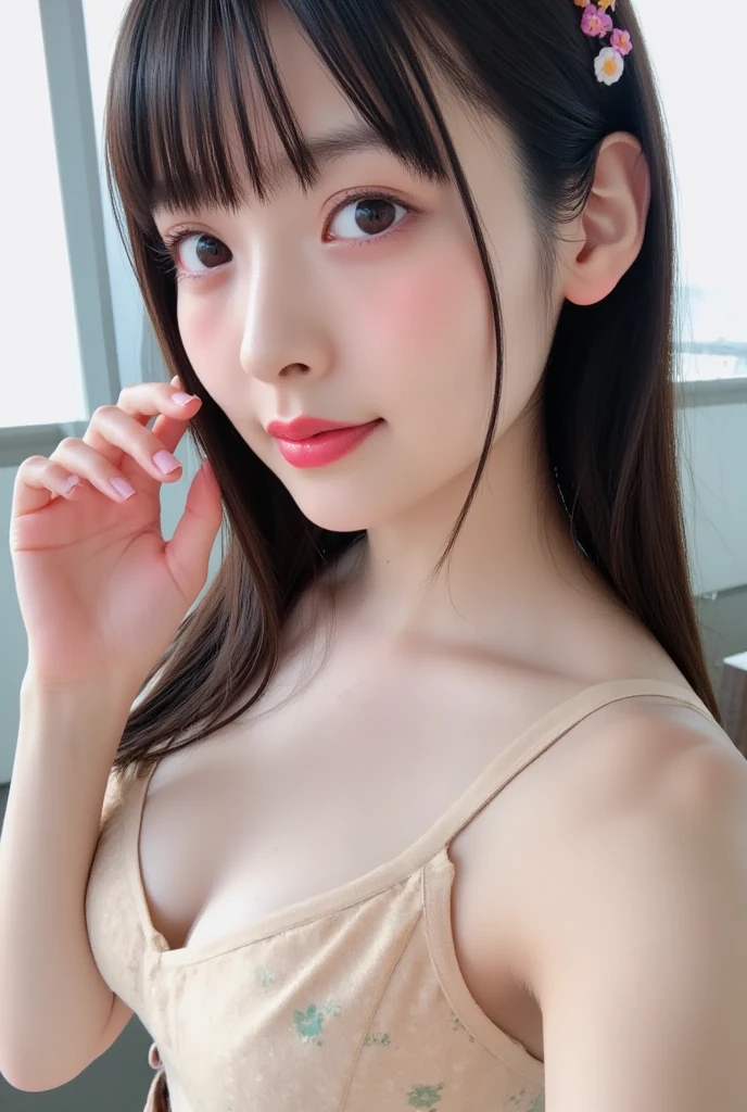 bright表情、photorealistic stick:1.32、highest quality、超A high resolution、Photos of the most beautiful Japan girls、cute and beautiful face details、small face、(face to face with the children_V1:0.008)、美しいbangs、10 years old、radiant white skin、Hair gets tangled in the face、顔まで伸びるbangs、bangs、hair between eyes、charming brown silky hair、bright、Clear eyes shine charmingly、dynamic pose、highest quality、confused、((the cutest girl in the world))、Japanese、on the bed、((Dress with lace frills:1.3))、(side tail:1.3)、(Tie with a thin ribbon)、nice and cute、innocent smile、nice smile、Uneven breasts、(big breasts:1.3)、(Get on all fours and look up:1.3)、ponytail、brown hair、thin waist、detailed beautiful eyes、view audience、Upper body、close up of face、Front view、