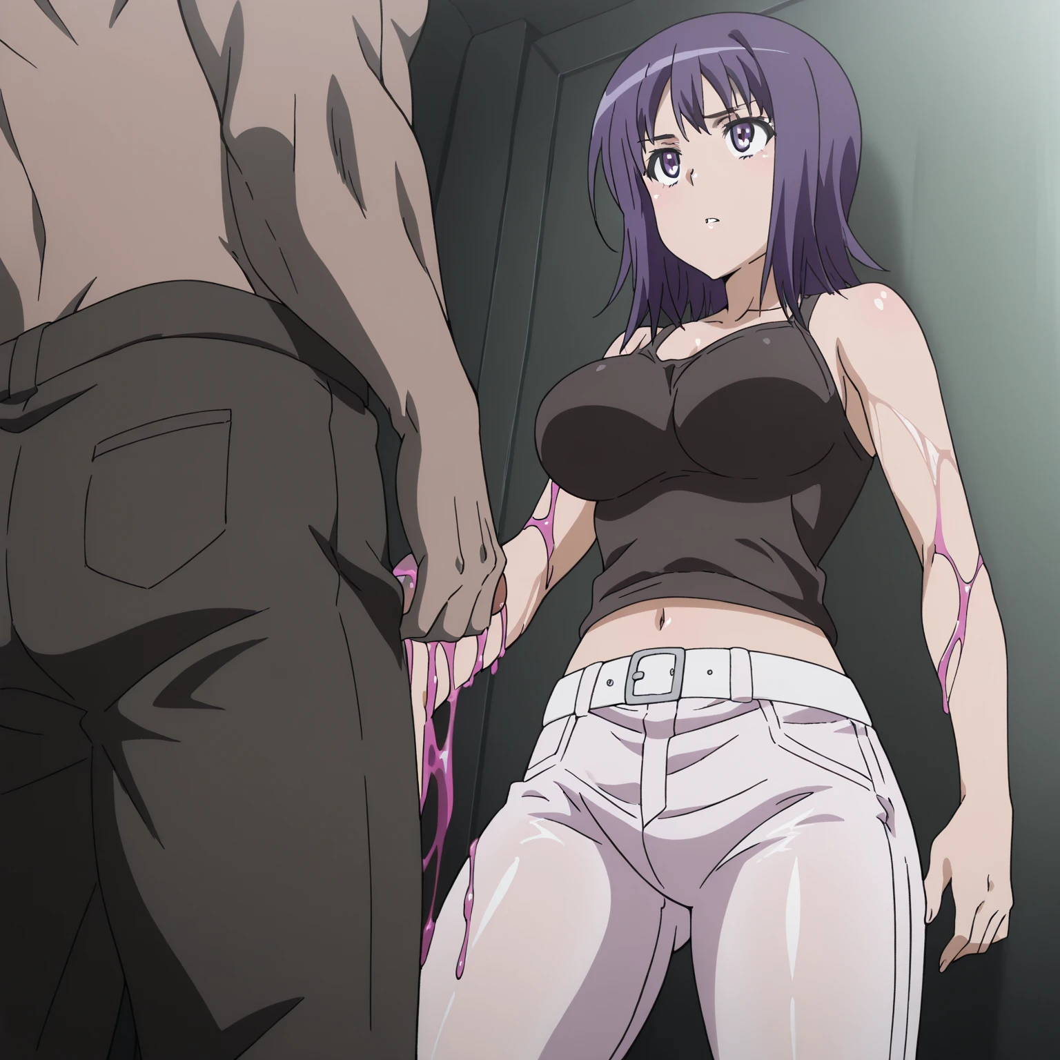 Attack on Titan anime characters,Mikasa Ackerm, get down on the bed:1.2),(Being touched by men:1.5),(Being stroked by a man's crotch),seen from the side, naked, naked, sucking his