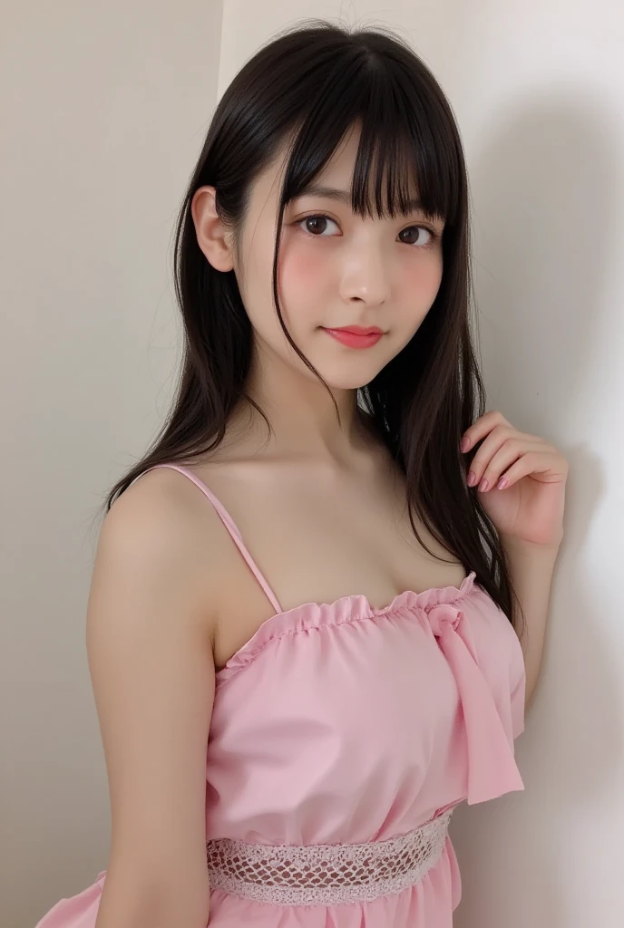 Gravure idol pose　Adorable smile　Hotel　bed　high resolution　Not too small bust　Skirts should be shortened　Beautiful legs　Beautiful Hair　Height: 155cm