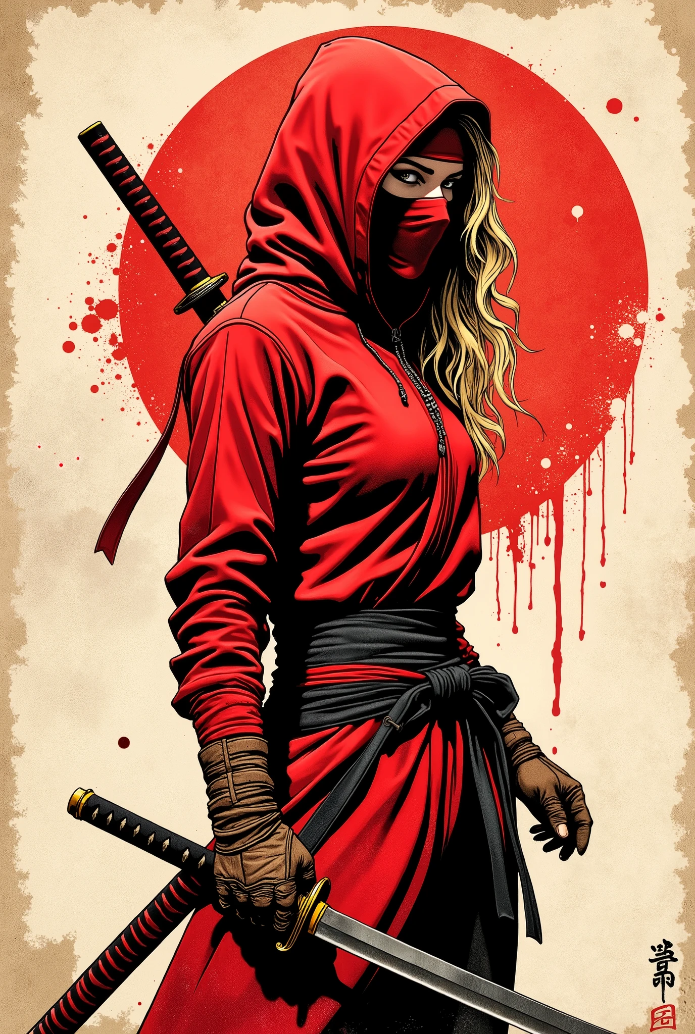 Young western ninja. She looks down seriously. Red ninja mask on her face. vista lateral. The body is effectively curved. seios pequenos. Shoulders are thrown back. The arms are loosely lowered along the body. The head is slightly turned towards the observer. A piece of, wavy blond hair, escaping through the red hoodie that covers your head and falls over your shoulder. A modern red ninja costume with long sleeves and tight to the body. brown leather gloves . A katana with a red bar on the other side. Sepia image .The background is an old wall, gasta e suja, once painted white. Caligrafia japonesa , Hieroglyphs. A large stylized red ensö, carelessly painted with a large brush. Cuts and splashes of red ink. The texture of the worn wood . long splashes of dirt They scratch the entire surface of the lower part. The overall artistic style is colorful and slightly rough, como um velho, beaten poster. The color scheme is soft and dark. The emphasis is on the details and the feeling of calm, poder. Conecte-se, No estilo samurai, ink graphics. linhas de movimento, Framed within a frame. obra-prima, super detalhe, 8k