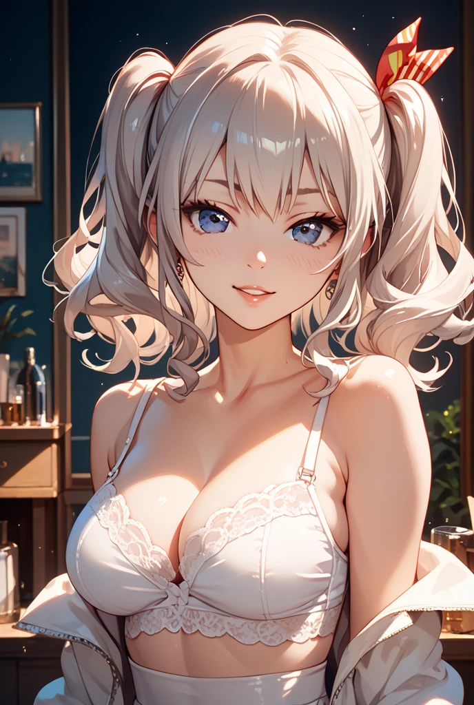 masterpiece, high resolution, high quality, camisole, bedroom, seduction, big breasts, cat ears, floral pattern, yellow eyes, gray hair, twintails,