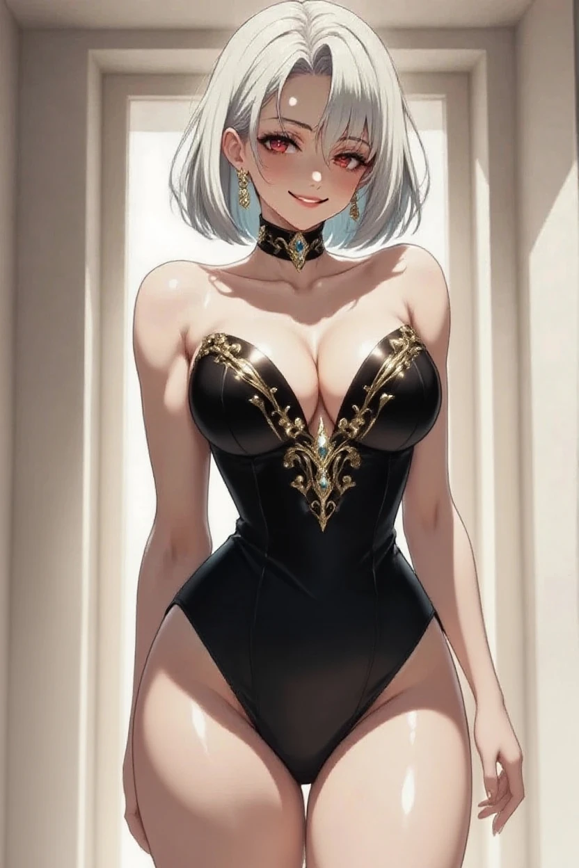 solo, 1girl, medium breasts, (dark skin:1.5), white hair, pixie cut, braided hair, yellow eyes, wide hips, looking at viewer, white dress, plunging neckline, cleavage, cute, idol, balcony, dancer, detailed eyes, seductive smile, happy, round breasts, perky breasts, petite,