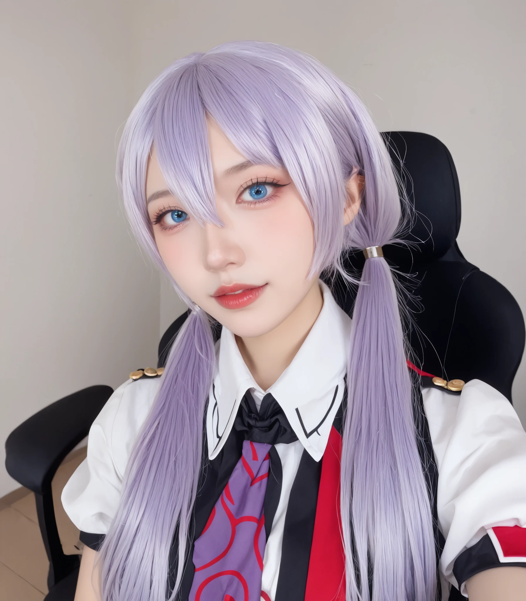 Garota cosplayer, light purple hair, hair between eyes, blue eyes, seios tamanho 38, long hair, twintails, usando um corpete, mãos atrás das costas, corando,sexualmente sugestiva, sentada  de pernas abertas no corredor perto de uma porta,  gola apertada no pescoço, seios tamanho 38,  pele real, textura da pele, ela está de pé se exibindo, decote mostrando os seios, ela está com a roupa rasgada mostrando as tetas, pele real,textura da pele,traços corporais detalhados, ela está em um quarto de hotel