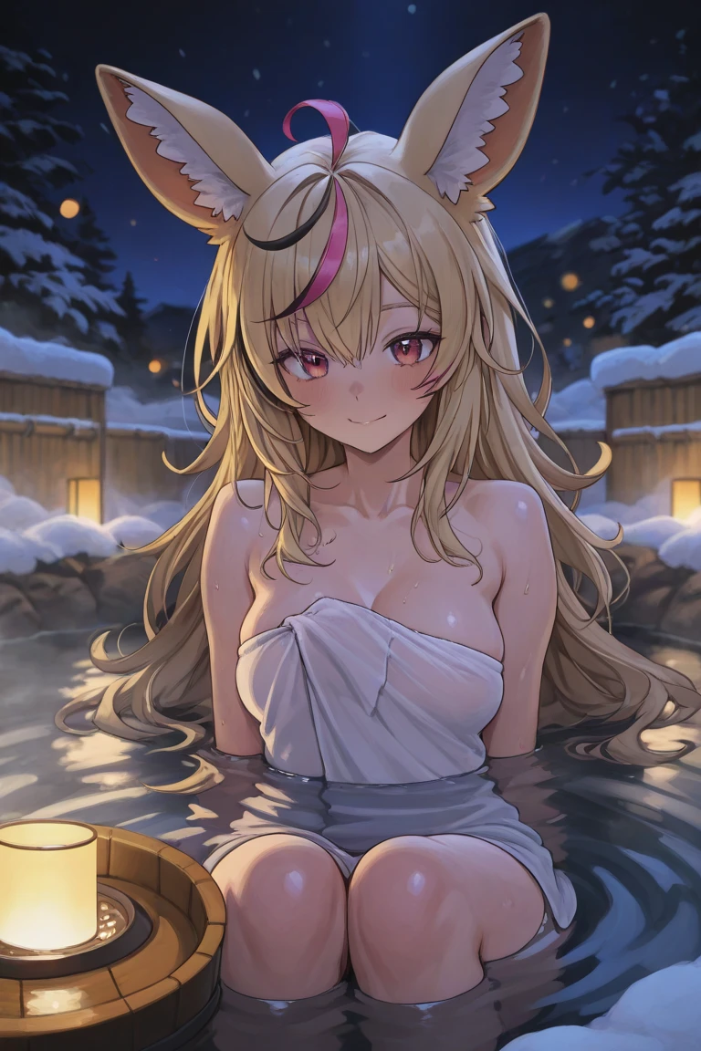 mujer kitsune, orejas de zorro, ojos amarillos, sonrisa, cabello naranja, pecho grandes desnudos, desnuda caminando por un lago cuerpo mojado, gotas de agua en su pecho, cabello naranjo