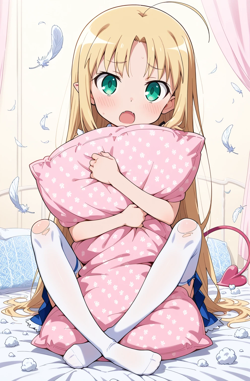 (best quality, masterpiece),full body, 1 girl, solo, mine ,nsfw, details, (Light and shadow oxtail , Cute girl posing on pillow ,steam, pillow humping,(pillow ride), masturbation, pillow straddling, crotch rub, hump,open mouth , kneeling,(Steaming hot),(pillow), (((frilled pillow))), base on anime, LatifaFleuranza, blonde hair, blue eyes, very long hair, tiara, LatifaPajama, pajamas