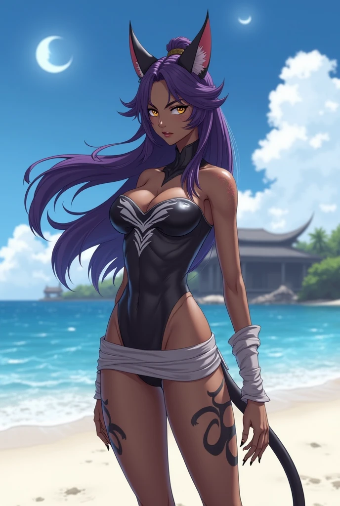 Psylocke_DG, ((long violet hair, glowing blue eyes, lipstick, makeup, narrow waist, skinny, medium breasts, alone)), pelvic curtain, ((purple bikini, Red sash tied around belly)), full body, perfect body, (insanely detailed, beautiful detailed face, masterpiece, best quality) , (((solo))), (((1girl))), (((mature))), (extremely detailed 8k paper CG wall unit: 1.1), (beach, sand, ocean dusk), (smile face for the viewer), sitting Beach sarong,  Magic, aura, energy sword,