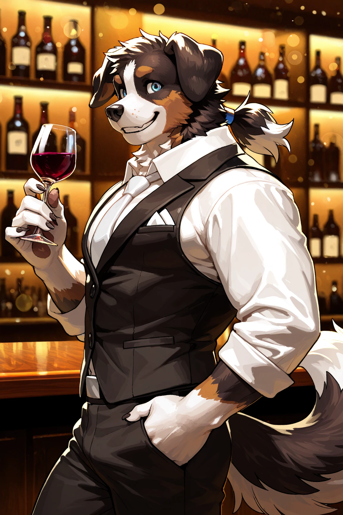 Male, arctic wolf, detailed yellow eyes, long tail, bartender, detailed plain  with four tapes, slim, sly, simple background, glasses