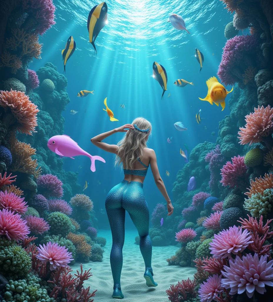 mermaid touching a half-finished wetsuit, corals in the background, ocean, haze, dramatic lighting , cinematic lighting, best qualityer, hyper realist, highy detailed
