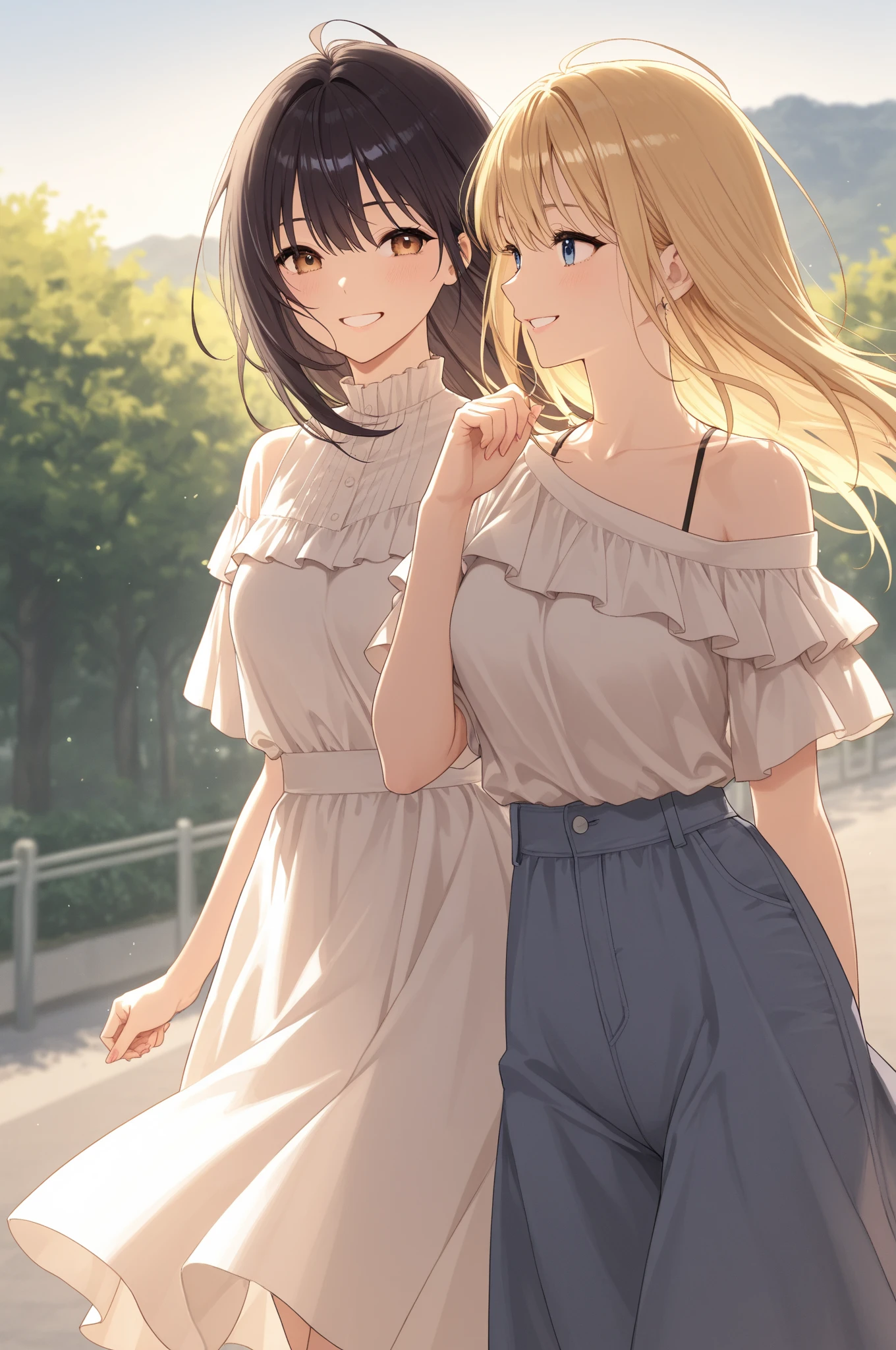 Two adult girls holding hands, One wears two blonde pigtails falling over her shoulders and a pink jumpsuit-type dress while the other wears a long-sleeved green dress., He has black eyes and black hair, long, loose hair without any ties, Her hair reaches her waist and she has straight bangs., loose hair with bangs, in a park, staring, the girl with black hair has it long and loose, she is taller than the blonde girl
