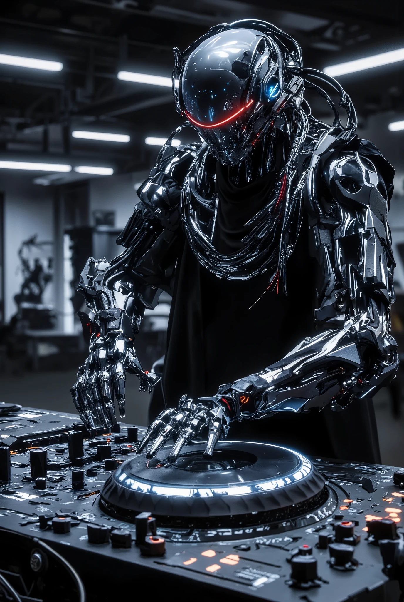 A cyber mecha robot dj,style cyberpunk cinematic style with slow-motion effects cinematic