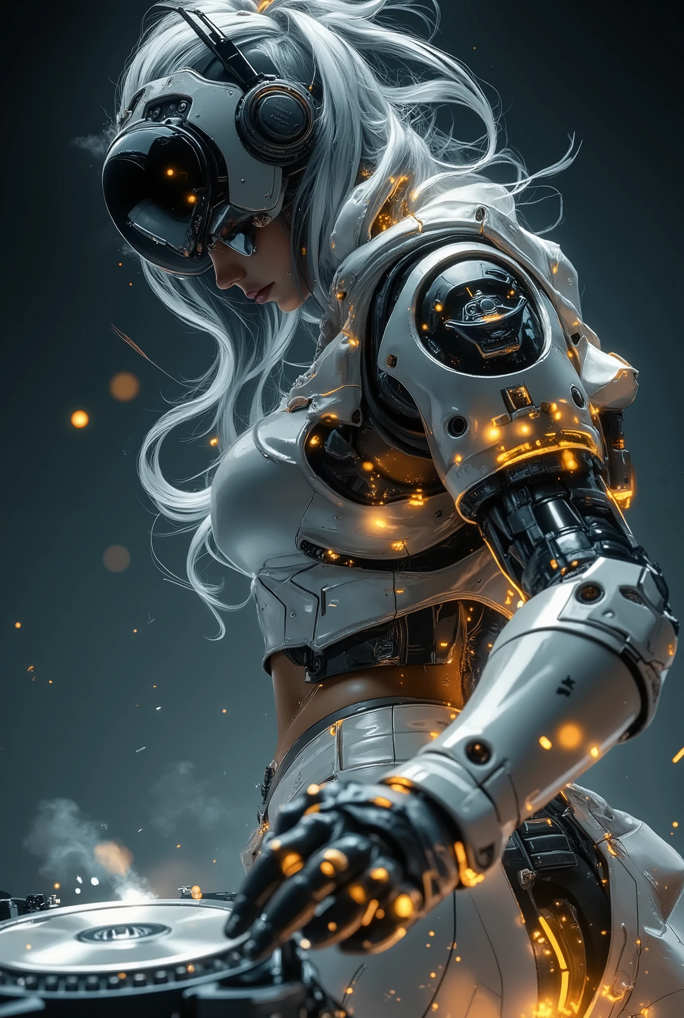 A cyber mecha robot dj,style cyberpunk cinematic style with slow-motion effects cinematic