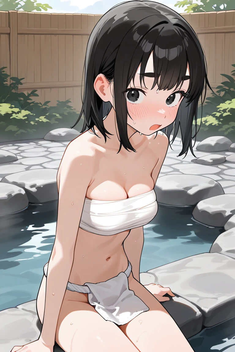 best quality, masterpiece, solo, safe for work, 1 female、25 years old、(soft bust:1.2)、(natural breasts)、(cleavage)、(Slender body shape)、(naked towel)、cover naked with a towel、(view audience:1.2)、(Warm up in a hot spring)、(white highlight on pupil:1.2)、(dark red-brown eyes)、(black haired:1.2)、wet hair、short hair、(white skin)、white beautiful skin、wet skin、(blush:1.2)、embarrassed expression、closed mouth、(big hot spring bath:1.2)、(steam:1.2)、(flowers in the background)、(Blur the background a lot to make the woman stand out:1.3)、(sunlight shines in)