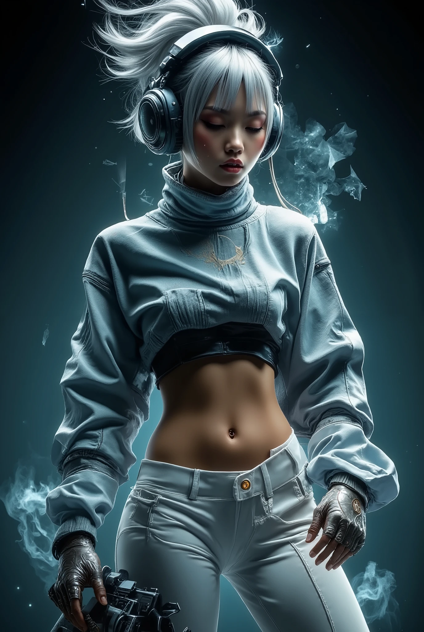 A cyber mecha robot dj,style cyberpunk cinematic style with slow-motion effects cinematic