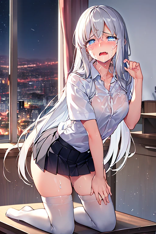 pieces fly、masterpiece、highest quality、Super detailed、High resolution、High resolution、8K portrait、Unity 8k壁紙のHigh resolutionCG、unity 8k wallpaper、cute type little:1.5、:1.5、Highly detailed CG unity 8k wallpaper、realistic、real person、cute type little、 portrait photography、shiny skin、High resolution、(16 years old:1.2)、(1 girl)、beautiful clear eyes、very detailed explanation、delicate face、nice lips、slender body、Middle milk is the same thin waist、thin legs、(city road:1.6)、1 girl, cute type, perfect face, seriously, (blush:1.5),(silver long hair:1.3),((there are many people nearby:1.4)),Middle milk is the same,((school uniform:1.2)),(((clothing lift:1.5))), (((I have nipples))), Detailed description vagina,show vagina,spread legs,spread ,(((Orgasm in the vagina:1.5)))