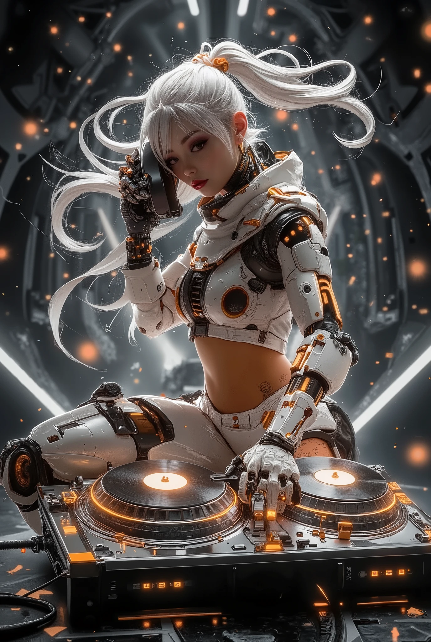 A cyber mecha robot dj,style cyberpunk cinematic style with slow-motion effects cinematic