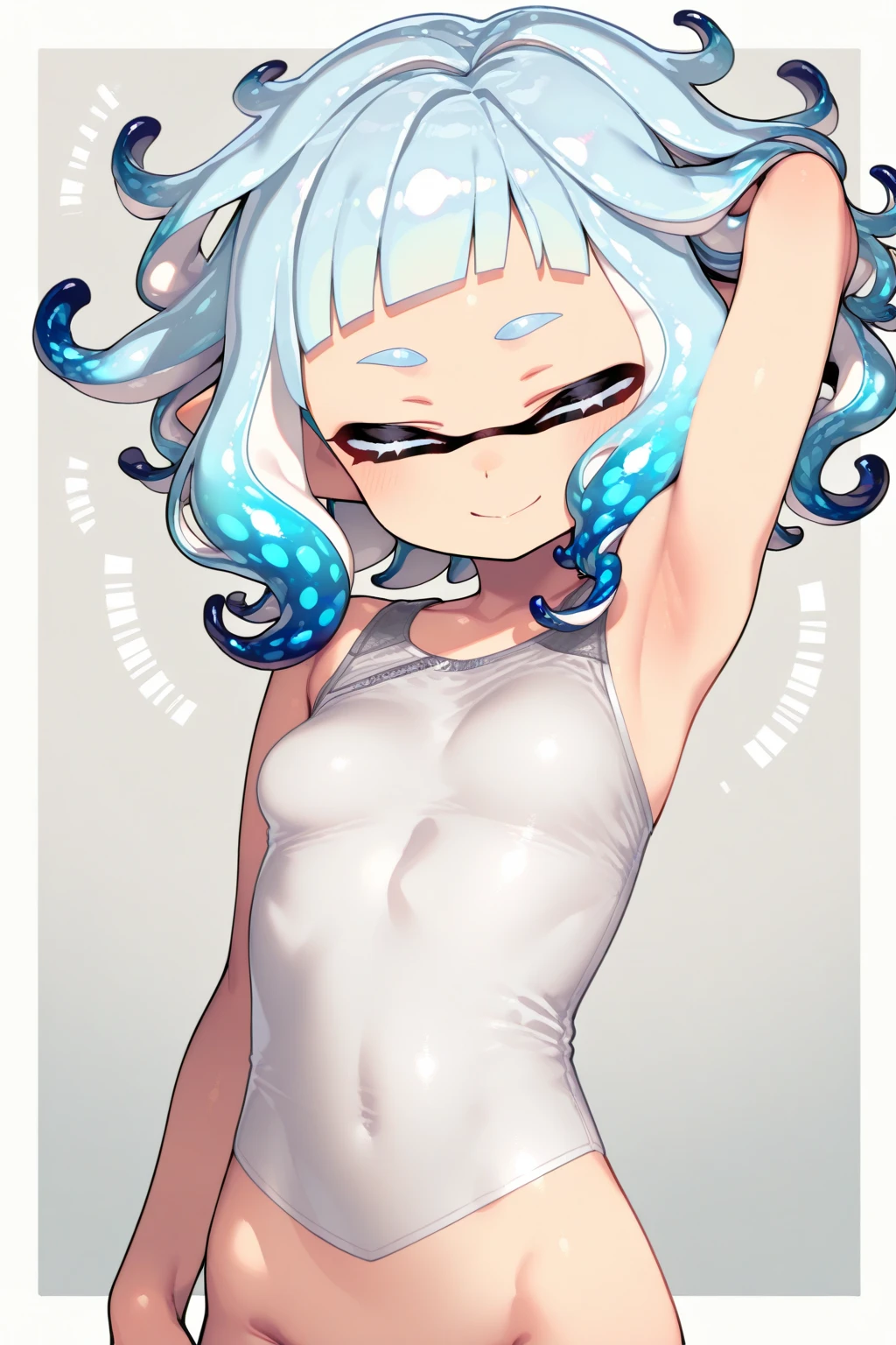 masterpiece,Highest quality,High resolution,shape,Very detailed,8K ,Super adopted, Super detailed girls, Ultra-fine illustrations, break, Anatomically correct, Perfect female body, high school student, One Girl, Black oversized swimsuit, White background, Large Chest, (Emphasis on the crotch)) Gray Hair, (((Full body image))), (Hair on one eye:1.6), (White skin)