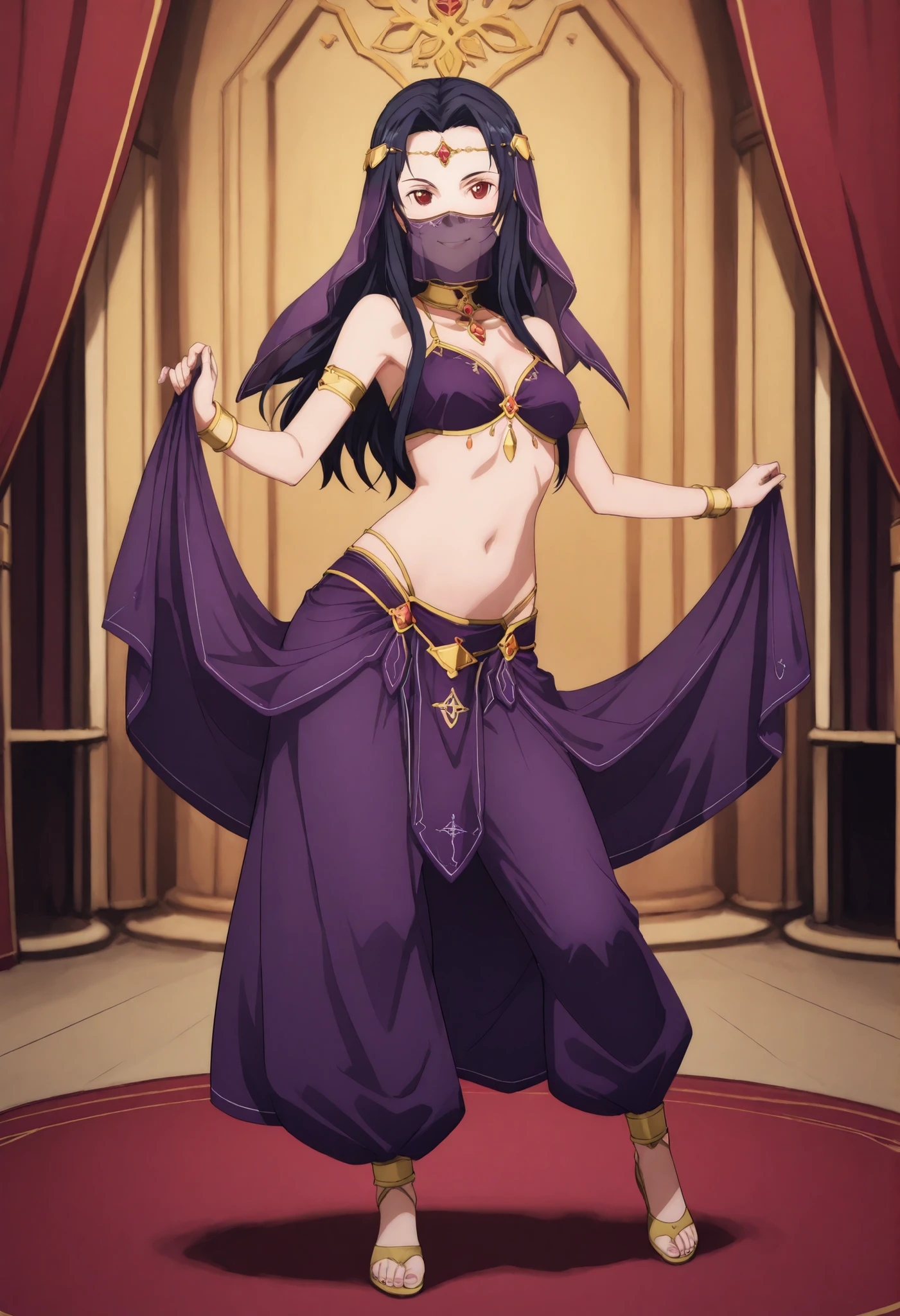 (1girl:1 . 5) , (Seul:1 . 5) , score_9 , score_8_haut , score_7_haut , source_anime , Official work , ultra-detailed , masterpiece , best quality selfie snapshot , high res , beaux yeux , detailed eyes , detailed face , beautiful detailed eyes ,Sword Art Online, Fanatio Synthesis Two,Arabian Clothes , Arabian Dancer ,belly dancer costume ,mouth veil,full body, golden jewelery,armlet, belly dancing,arabian theater, seductive smile, dancing with veil, dynamic movement,dance posture, seductive pose