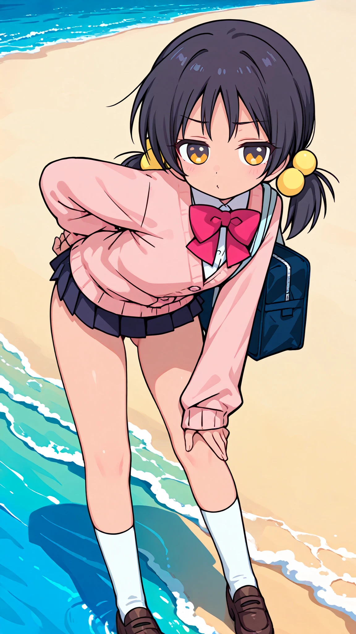 ((anime style)),nsfw,((sexy pose)),((beach)),score_9, score_8_up, score_7_up, source_anime,high quality,detailed,high resolution,best quality,best detailed girl,masterpiece, (1girl) , (((solo))),Kaai Yuki,dark hair, twin pigtails,cartoon-style outfit, light pink cardigan,dark pink bow tie, (((((black mini skirt))))),(((white short sox))),(brown loafers),((A glimpse of her thighs)),((standing)),(ass visible through thighs),leaning forward,school satchel bag