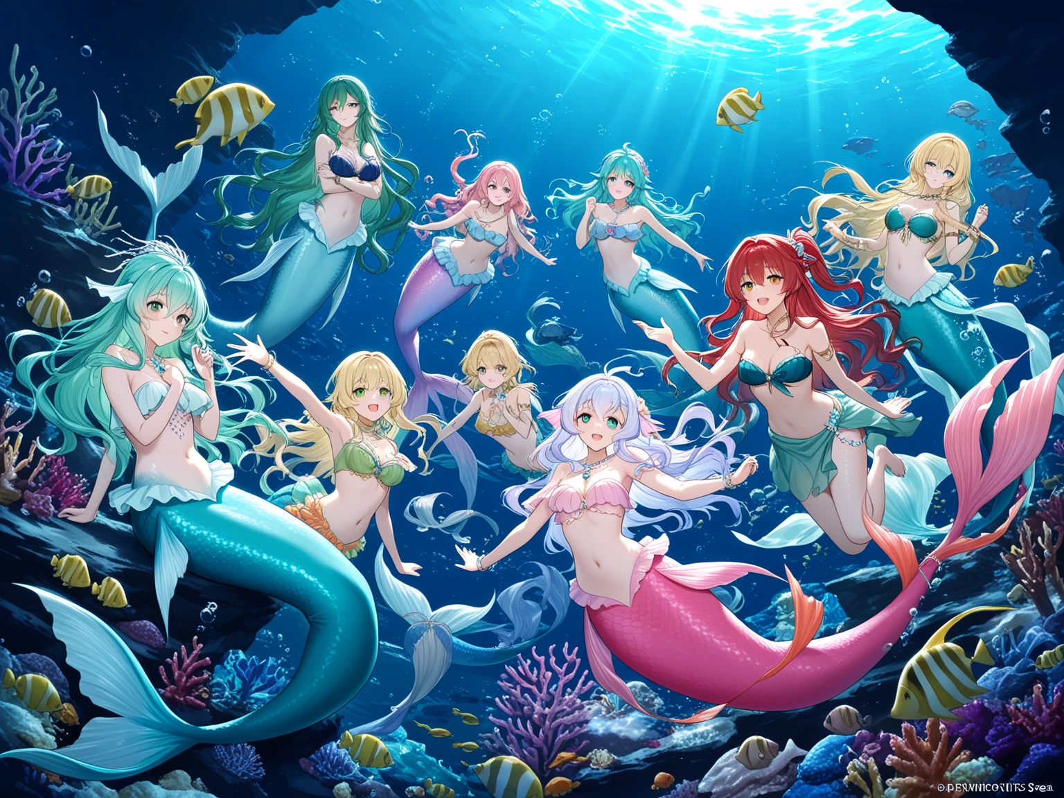 Dive into an underwater holiday realm where vibrant fractal corals host a dance of mermaid elves and schools of fish carrying 3D Christmas ornaments, enormous tits