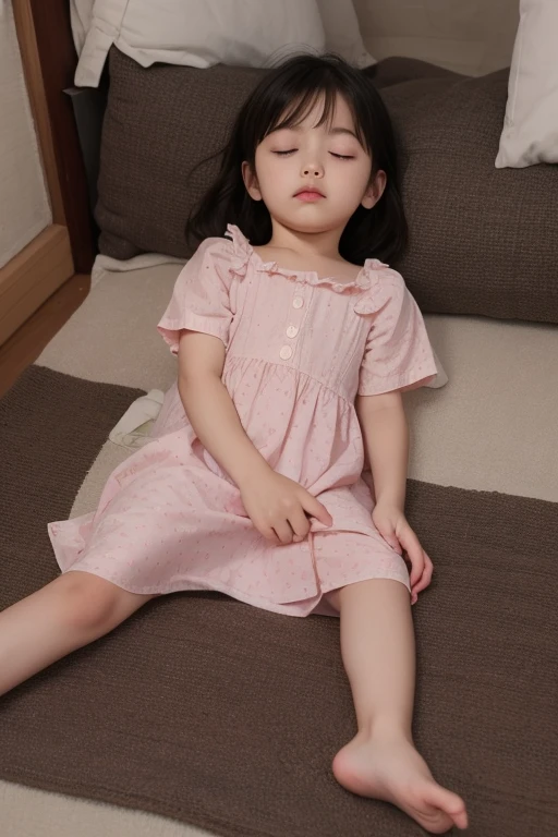 7 year old girl, Asian, wearing a pink cute dress, in a bedroom