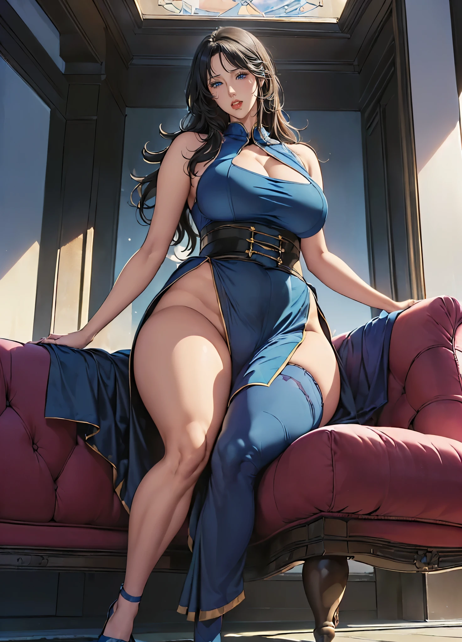 ((masterpiece)), Highest quality, Very detailed, Absurd, 8K, wonderful, Very detailed, The finer details, Browsing Caution, (Very complicated:1.2), (Very delicate), Very detailed, RuiKisugi, 1 Female, Long Hair, Wavy Hair, Black Hair, eyelash, blue eyes, lipstick, Purple bodysuit, Strapless, No sleeve, Green sash, One girl, (whole body:1.2), (Finding_stance:1.3), Very detailed face, Nice fine detail, Perfect Eyes, Fascinating eyes, Beautiful attention to detail, Small Mouth, Fascinating_smile, Mature Woman, Mature Woman, Body with nine heads, thin, compensate, Big Breasts, (museum:1.3), (Urzan-6500-v1.1), Detailed fingers, Perfect hands, Sensual,(Hair blowing in the wind),Bodysuit is torn,Off the shoulder, Big Hips,Thick thighs,(Long legs:1.2),Cleavage,Mature Woman, Hip Up,Abdominal muscles,((Large Breasts:1.4))、Tight waist,Voluptuous body line,Beautiful legs,Beautiful feet,Long legs,whole bodyを撮影する,Beautiful feet,Long legs,Thighs open,Nipples visible,The areola is protruding，Voluminous lower body,Big Ass, 大きなSexy ass, Perfect Body Proportions, Slim waist, whole body写真撮影, 赤いlipstick, Sitting on sofa with legs spread,(Rope Bondage:1.2),((Put your arms behind your back)),Tied up woman,Tied up with rope, Tightly bound, Hands tied, Her body was tied with ropes,Length 180cm,Small face,(Fully expose your thighs to the viewer:1.6),((Amazing orgasm)),Angle from below,(Low angle shot:1.1), sweating, Soft thighs, Shiny thighs, Beautiful Hands, whole body写真撮影, セクシーなBeautiful feet, Pay attention to her beautiful legs, 魅力的なBeautiful feet, Sexy ass, Cleavage,Open the chest,anime