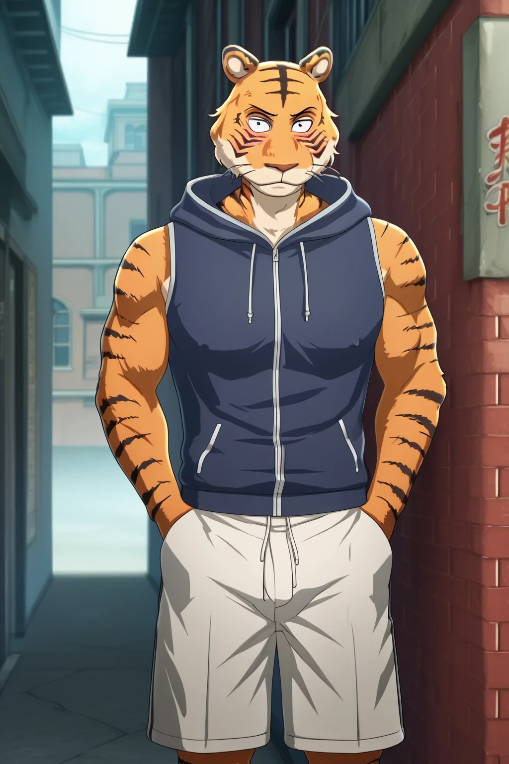 building、BEASTARS、Bengal tiger、furry man、muscular man、solo、Athlete-like physique、black stripe、pink nipples、Hooded Vest 、wear a hood、Putting Hands in Pockets、Shorts、Penis visible from under underpants、back alley、standing、No expression