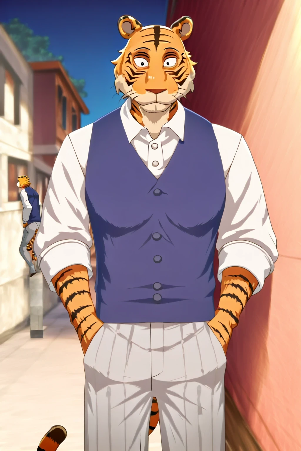 building、beastars、Bengal tiger、Hairy man、muscular man、Alone、 athletic physique、Black Stripe long sleeve school shirt color white, Corbara dark gray 、Blue vest, Putting your hands in your pockets、gray school pants with black stripes tiger tail, front view of the spectator、back alley、standing、no expression