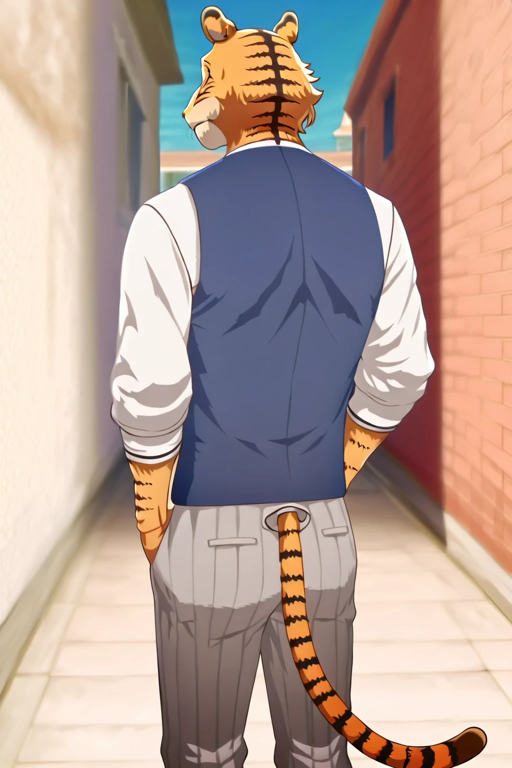 building、beastars、Bengal tiger、Hairy man、muscular man、Alone、 athletic physique、Black Stripe long sleeve school shirt color white, Corbara dark gray 、Blue vest, Putting your hands in your pockets、gray school pants with black stripes tiger tail, front view of the spectator、back alley、standing、no expression