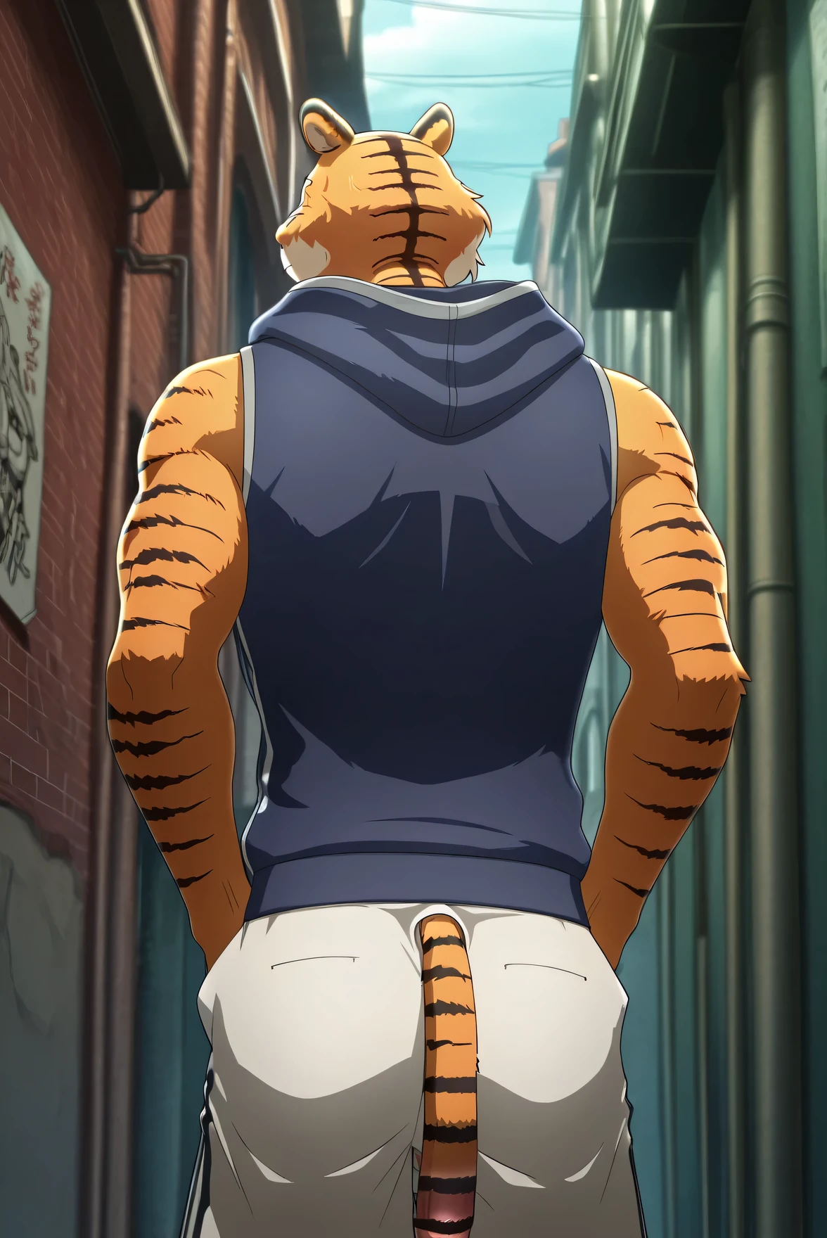 building、BEASTARS、Bengal tiger、furry man、muscular man、solo、Athlete-like physique、black stripe、pink nipples、Hooded Vest 、wear a hood、Putting Hands in Pockets、Shorts、Penis visible from under underpants、back alley、standing、No expression