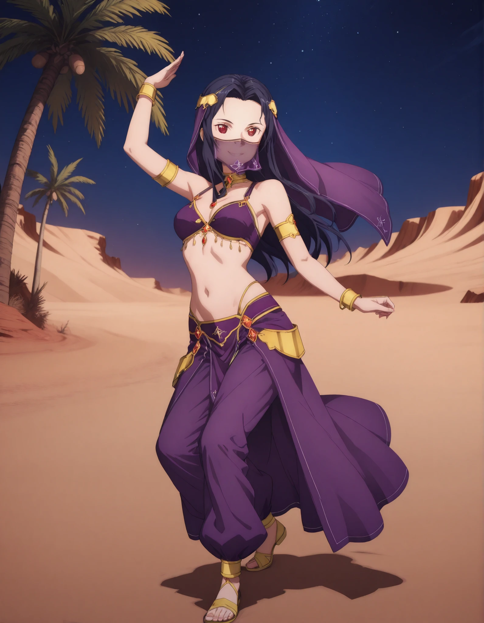 (1girl:1 . 5) , (Seul:1 . 5) , score_9 , score_8_haut , score_7_haut , source_anime , Official work , ultra-detailed , masterpiece , best quality selfie snapshot , high res , beaux yeux , detailed eyes , detailed face , beautiful detailed eyes ,Sword Art Online, Fanatio Synthesis Two,Arabian Clothes , Arabian Dancer ,belly dancer costume ,mouth veil,full body, golden jewelery,armlet, belly dancing,night,desert lands, palm tree, seductive smile, dancing with veil, dynamic movement,dance posture, seductive pose