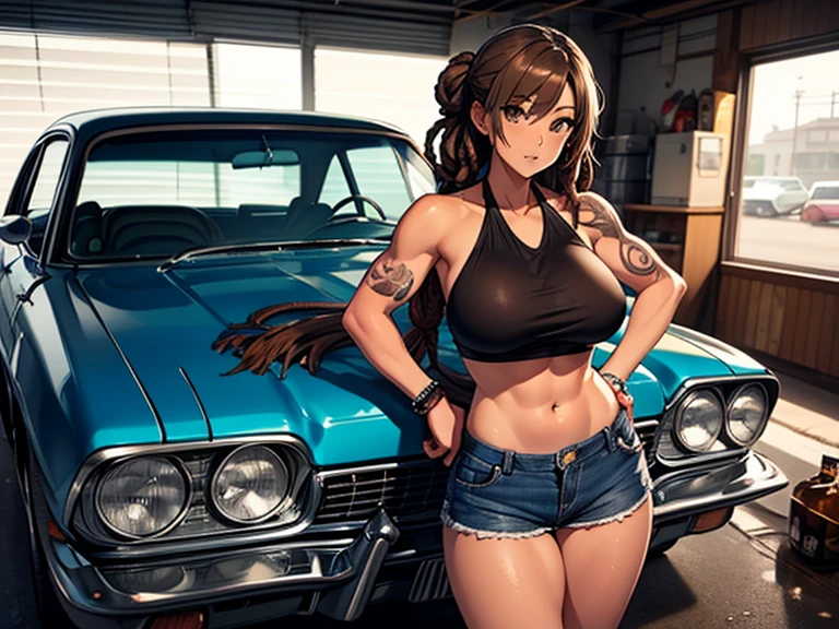 female mechanic wearing suspenders and shorts