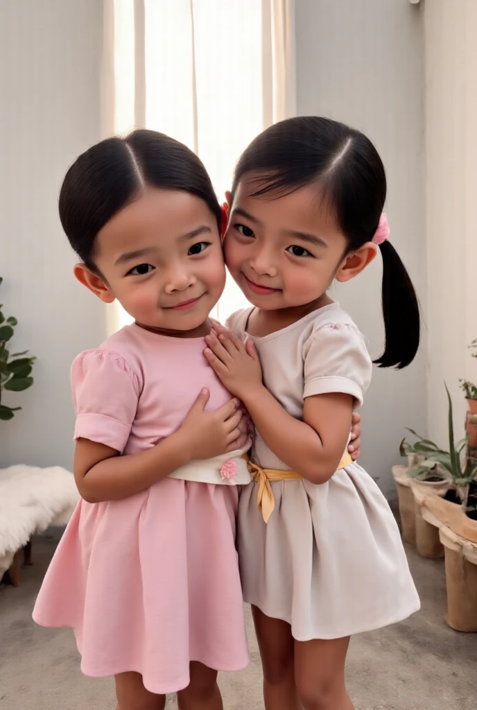 Create Real pinoy two kids gilr and baby girl 1years old wearing pink gown princess