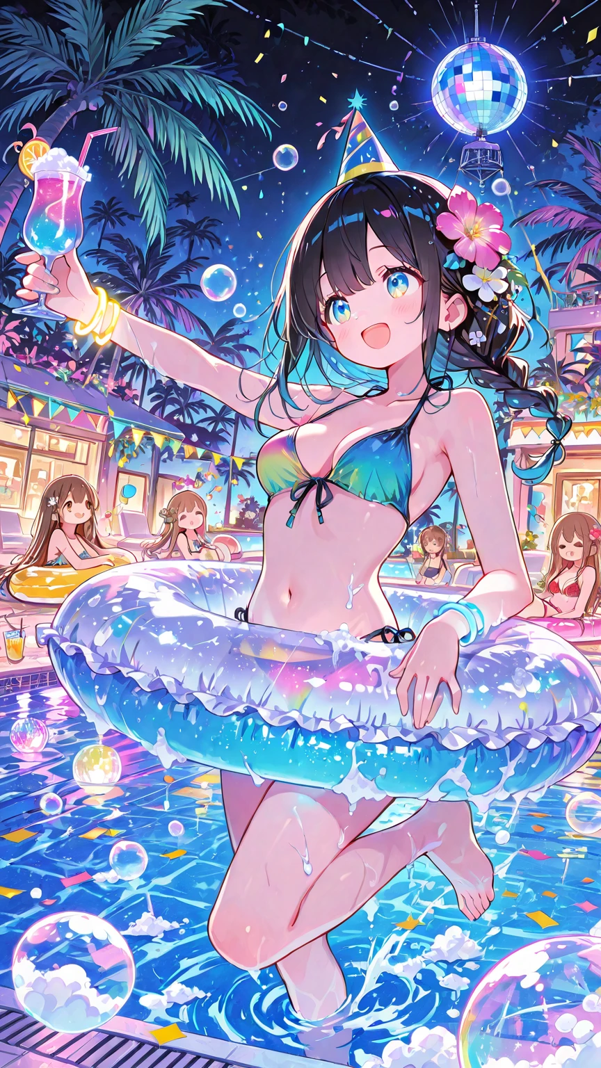 The ultimate aesthetic, Midnight Pool Party, Fantastic rainbow reflective shine, A bikini of temptation blooming in ecstasy, Immerse yourself in the afterglow of insane pleasure, vivid, colorful, vivid fantasy pop art, Transparent full color coating, Holographically sparkling aesthetic pool, A dark fantasy background that highlights the subject, A luxurious and extravagant midnight pool party with many attendees, Moonlight brings out the dramatic beauty of your subject, BREAK Pushing the boundaries of eroticism with SFW works, A new category of artwork that maximizes adult sexiness, 