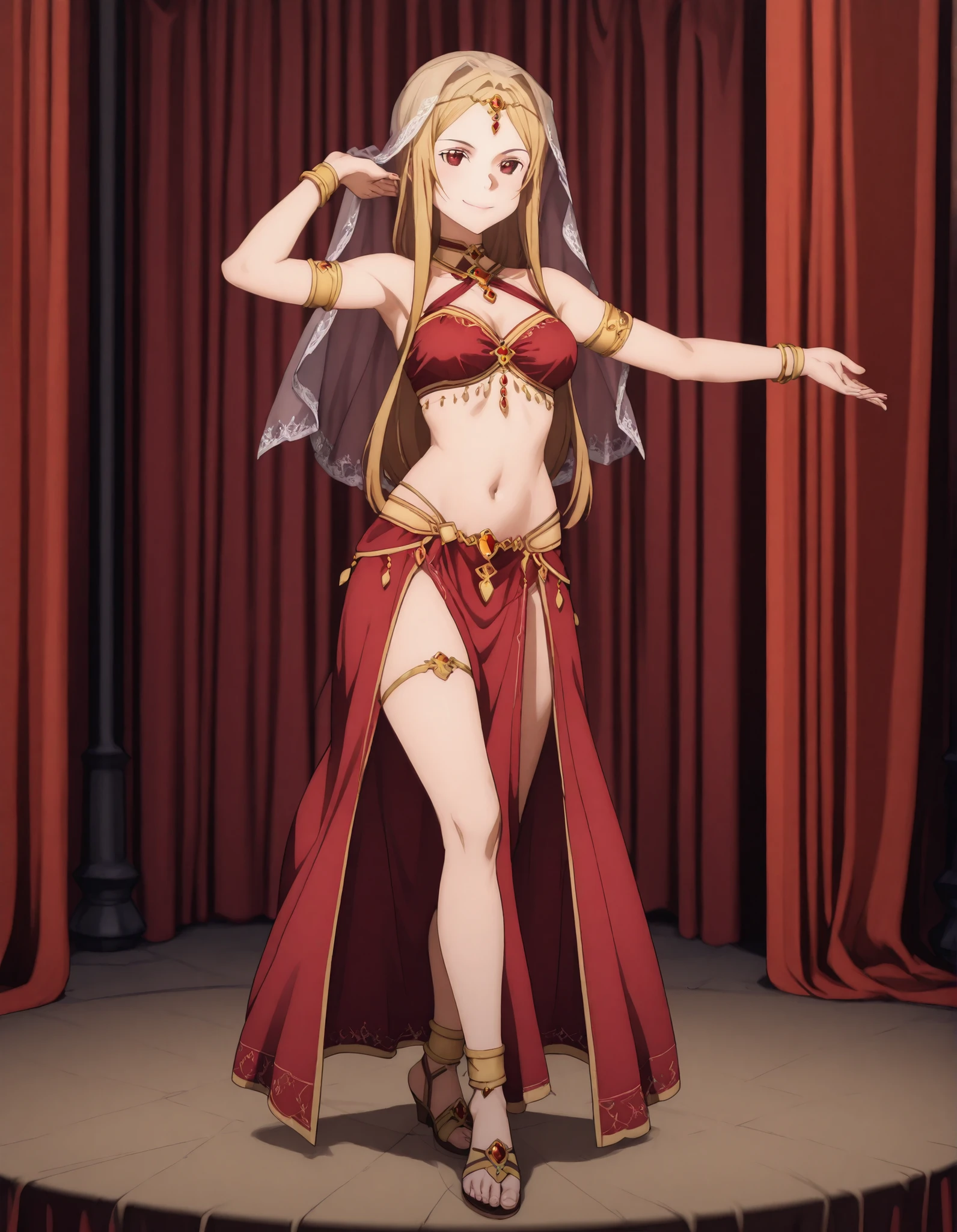 (1girl:1 . 5) , (Seul:1 . 5) , score_9 , score_8_haut , score_7_haut , source_anime , Official work , ultra-detailed , masterpiece , best quality selfie snapshot , high res , beaux yeux , detailed eyes , detailed face , beautiful detailed eyes ,Sword Art Online, Sortiliena Serlut,Arabian Clothes , Arabian Dancer ,belly dancer costume ,full body, golden jewelery,armlet, belly dancing,arabian theater, seductive smile, dancing with veil, dynamic movement,dance posture, seductive pose