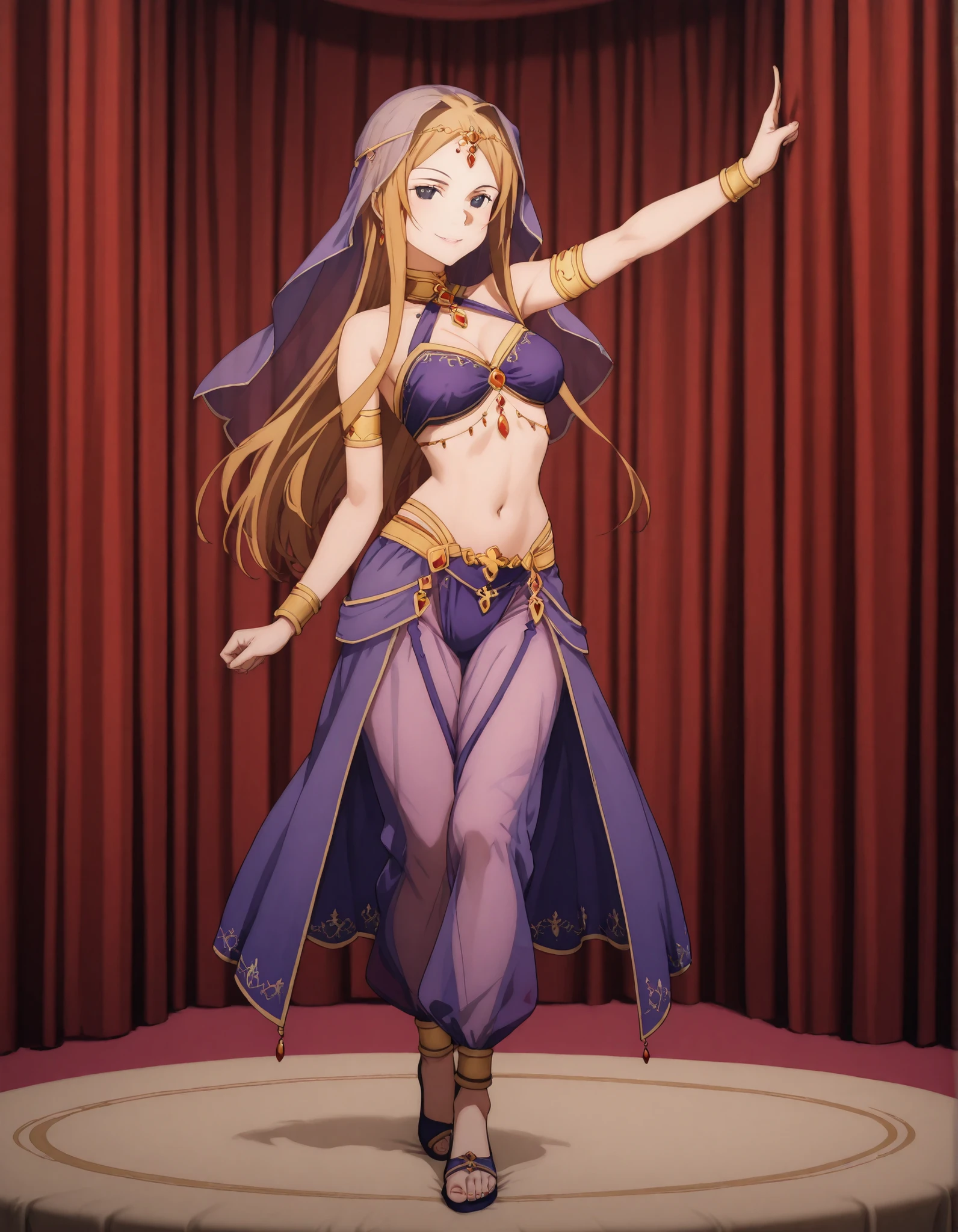 (1girl:1 . 5) , (Seul:1 . 5) , score_9 , score_8_haut , score_7_haut , source_anime , Official work , ultra-detailed , masterpiece , best quality selfie snapshot , high res , beaux yeux , detailed eyes , detailed face , beautiful detailed eyes ,Sword Art Online, Sortiliena Serlut,Arabian Clothes , Arabian Dancer ,belly dancer costume ,full body, golden jewelery,armlet, belly dancing,arabian theater, seductive smile, dancing with veil, dynamic movement,dance posture, seductive pose