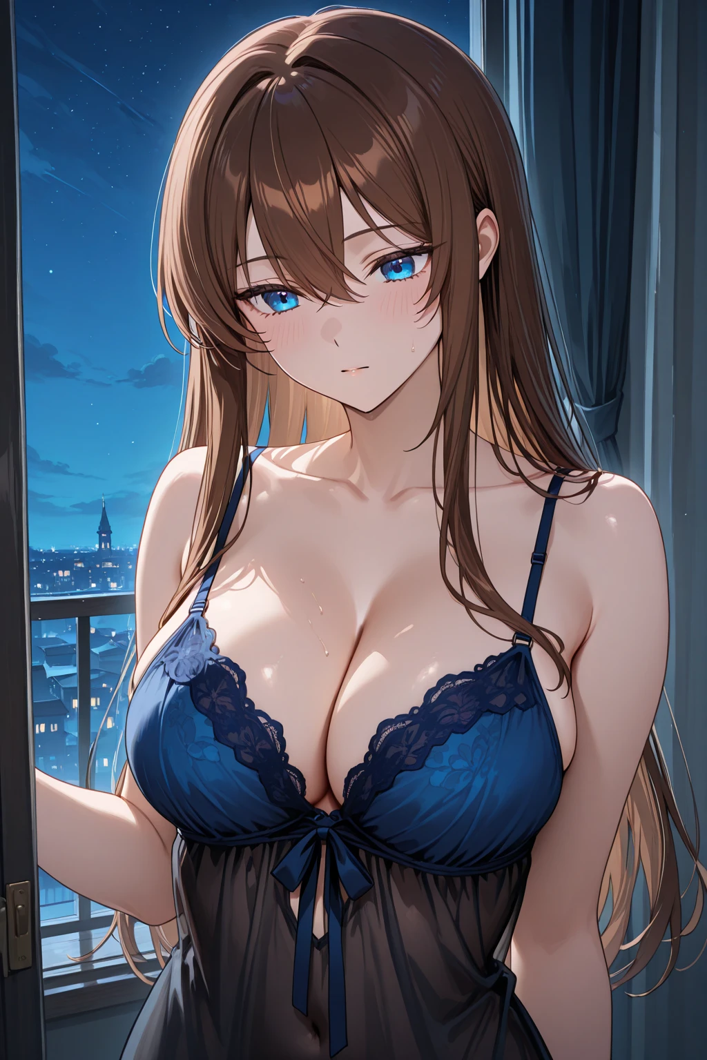 Beautiful young woman with long reddish brown hair,Big blue eyes with long eyelashes,Very detailed顔,smooth vibrant アニメ-style skin texture,Perfect busty figure,Confident and attractive pose,Spread your legs a little,White panties are visible,Hotel room night view,Soft lighting,Romantic and sensual atmosphere,(Highest quality,4K,8k,High resolution,masterpiece:1.2),Very detailed,(Realistic,photoRealistic,photo-Realistic:1.37),High resolution,超High resolution,Studio Lighting,Ultra-fine painting,Sharp focus,Physically Based Rendering,Very detailed explanation,Professional,Vibrant colors,bokeh,Portraiture,アニメ、A naked man rubbing his chest、