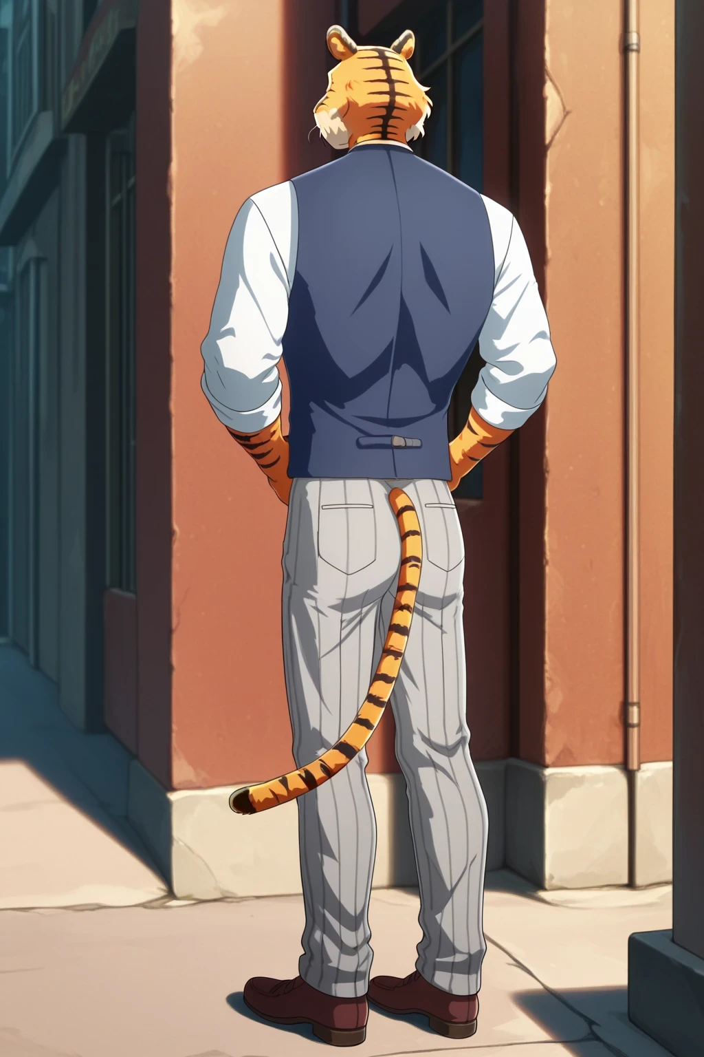 building、beastars、Bengal tiger、Hairy man、muscular man、Alone、 athletic physique、Long sleeve school shirt with black stripes white color, Corbara dark gray 、Blue vest, put your hands on your waist、gray school pants with black stripes tiger tail, front view of the spectator、back alley、standing、 aggressive expression, full body, brown shoes, ojos negros