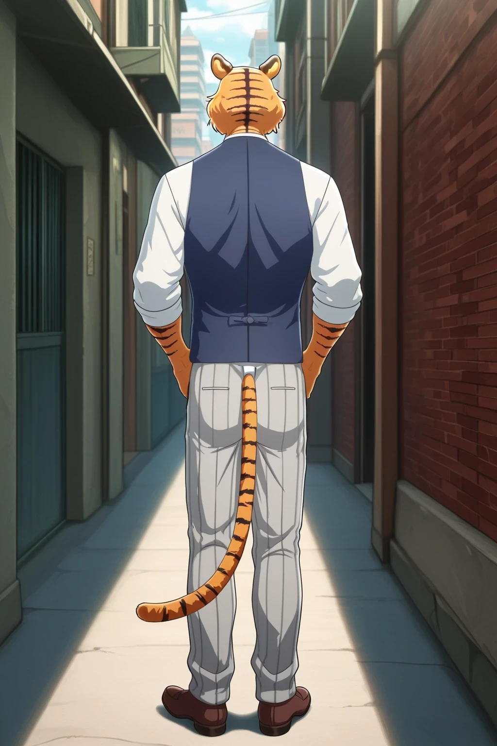 building、beastars、Bengal tiger、Hairy man、muscular man、Alone、  athletic physique、Long sleeve school shirt with black stripes white color, Corbara dark gray 、Blue vest, put your hands on your waist、gray school pants with black stripes tiger tail, front view of the spectator、back alley、standing、 aggressive expression, full body,  brown shoes, ojos negros 