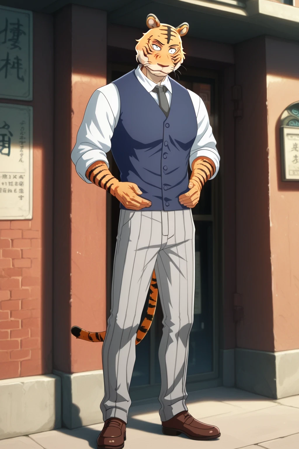 building、beastars、Bengal tiger、Hairy man、muscular man、Alone、 athletic physique、Long sleeve school shirt with black stripes white color, Corbara dark gray 、Blue vest, put your hands on your waist、gray school pants with black stripes tiger tail, front view of the spectator、back alley、standing、 aggressive expression, full body, brown shoes, ojos negros