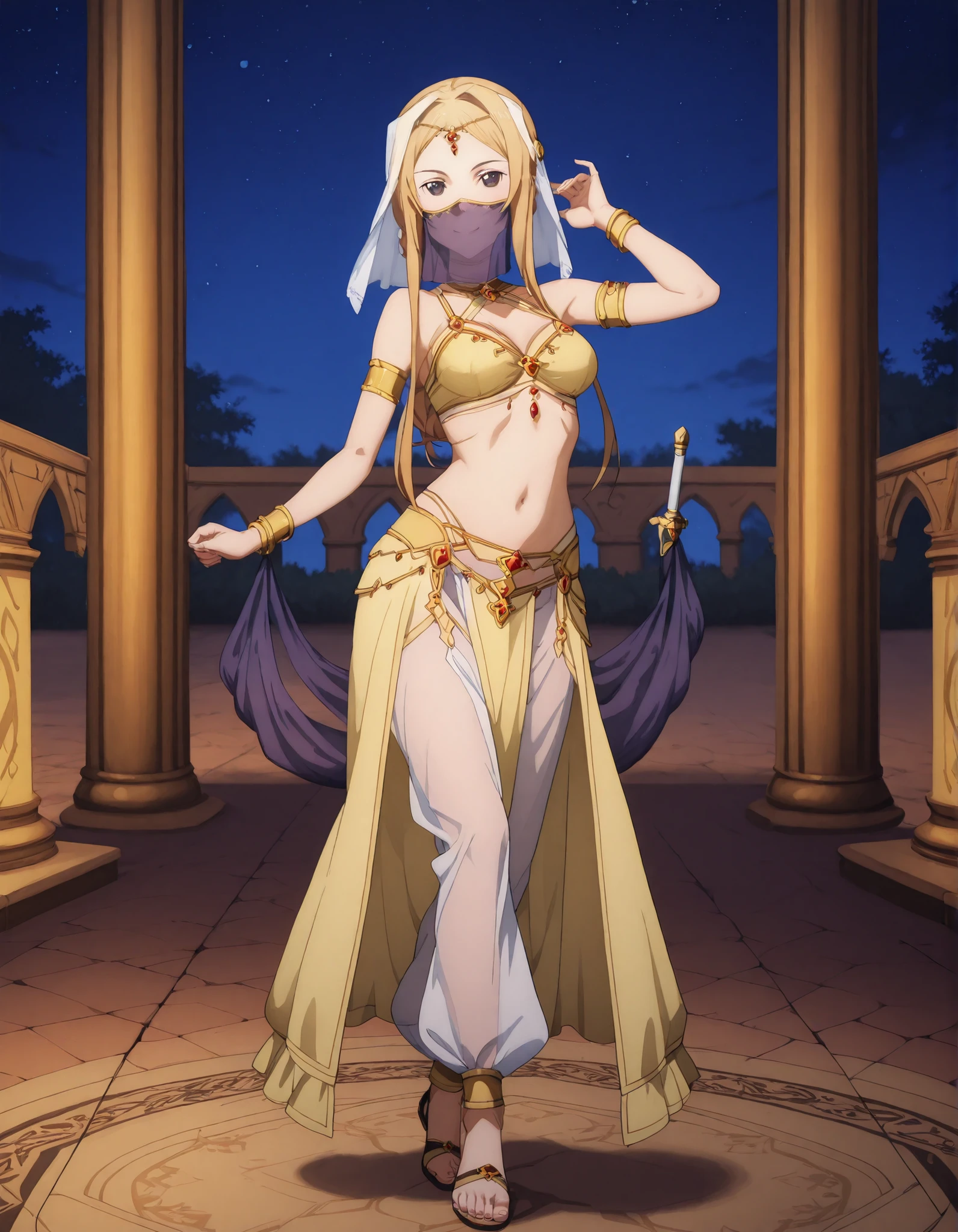 (1girl:1 . 5) , (Seul:1 . 5) , score_9 , score_8_haut , score_7_haut , source_anime , Official work , ultra-detailed , masterpiece , best quality selfie snapshot , high res , beaux yeux , detailed eyes , detailed face , beautiful detailed eyes ,Sword Art Online, Sortiliena Serlut,Arabian Clothes , Arabian Dancer ,belly dancer costume ,mouth veil,full body, golden jewelery,armlet, belly dancing,night,arabian garden, seductive smile, dancing with veil, dynamic movement,dance posture, seductive pose