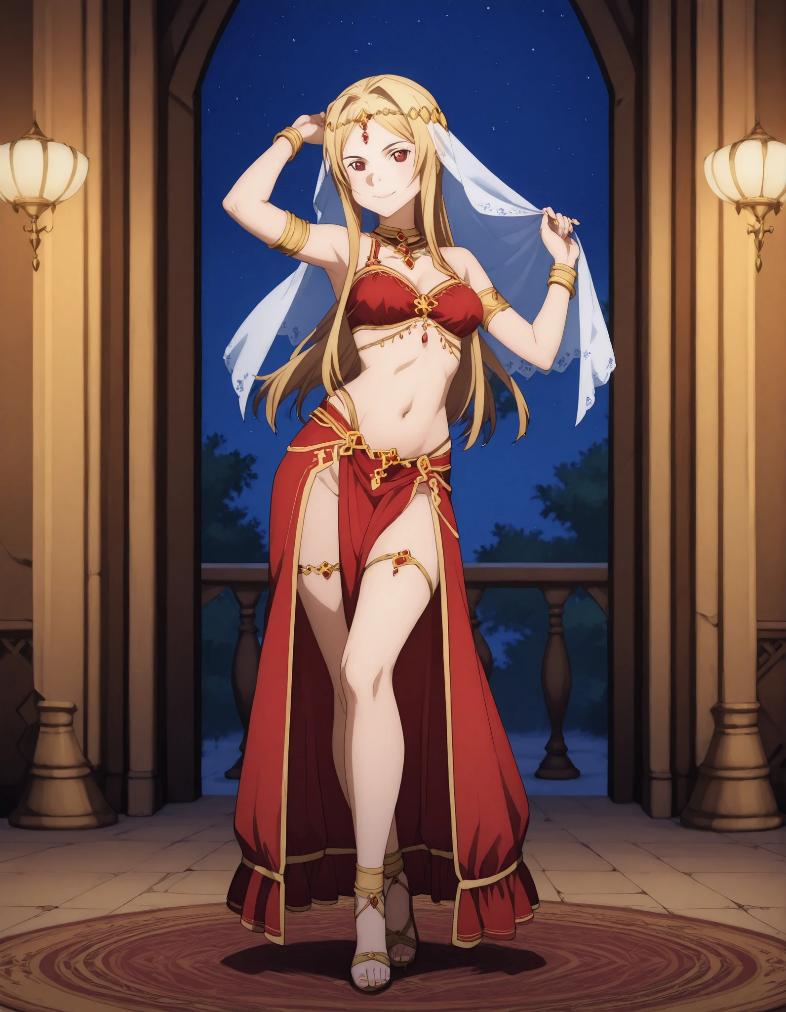 (1girl:1 . 5) , (Seul:1 . 5) , score_9 , score_8_haut , score_7_haut , source_anime , Official work , ultra-detailed , masterpiece , best quality selfie snapshot , high res , beaux yeux , detailed eyes , detailed face , beautiful detailed eyes ,Sword Art Online, Sortiliena Serlut,Arabian Clothes , Arabian Dancer ,belly dancer costume ,full body, golden jewelery,armlet, belly dancing,night,arabian garden, seductive smile, dancing with veil, dynamic movement,dance posture, seductive pose