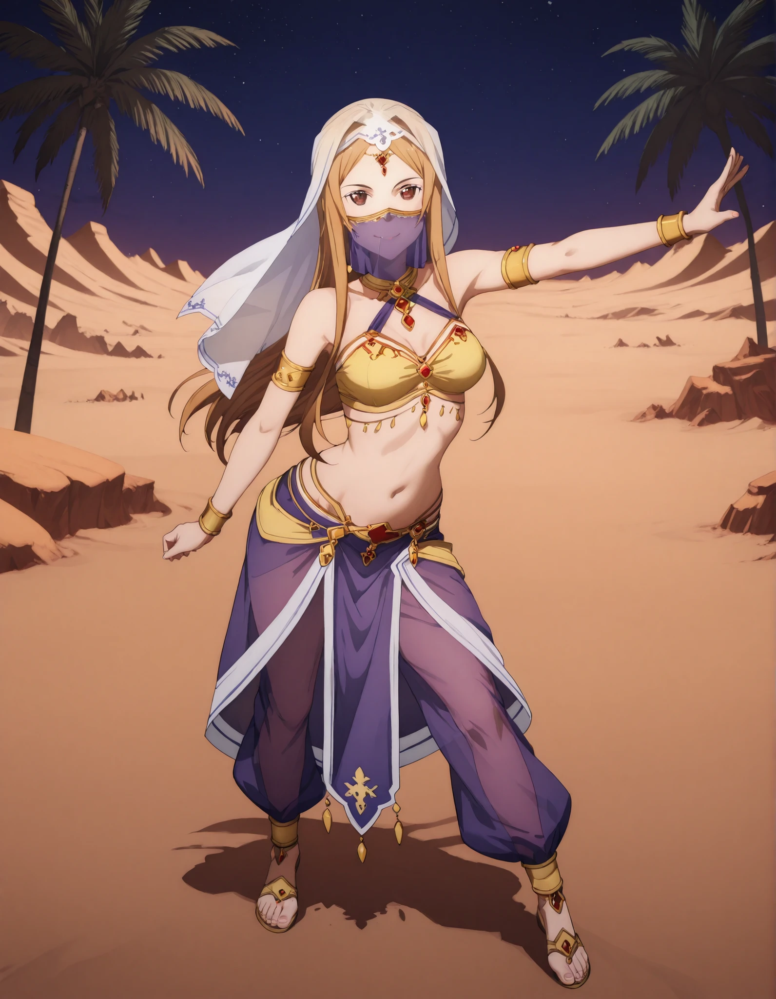 (1girl:1 . 5) , (Seul:1 . 5) , score_9 , score_8_haut , score_7_haut , source_anime , Official work , ultra-detailed , masterpiece , best quality selfie snapshot , high res , beaux yeux , detailed eyes , detailed face , beautiful detailed eyes ,Sword Art Online, Sortiliena Serlut,Arabian Clothes , Arabian Dancer ,belly dancer costume ,mouth veil,full body, golden jewelery,armlet, belly dancing,night,desert lands, palm tree, seductive smile, dancing with veil, dynamic movement,dance posture, seductive pose