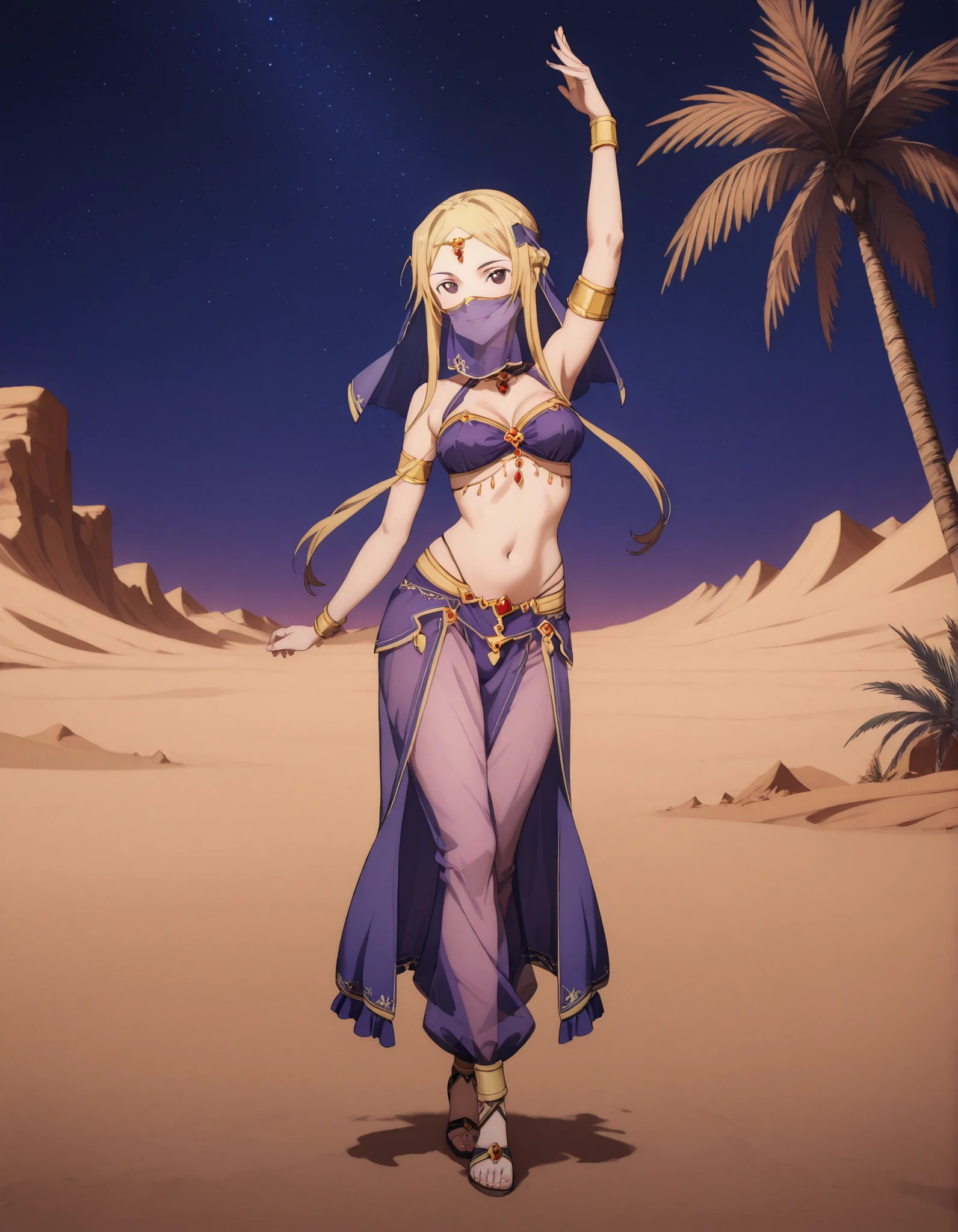 (1girl:1 . 5) , (Seul:1 . 5) , score_9 , score_8_haut , score_7_haut , source_anime , Official work , ultra-detailed , masterpiece , best quality selfie snapshot , high res , beaux yeux , detailed eyes , detailed face , beautiful detailed eyes ,Sword Art Online, Sortiliena Serlut,Arabian Clothes , Arabian Dancer ,belly dancer costume ,mouth veil,full body, golden jewelery,armlet, belly dancing,night,desert lands, palm tree, seductive smile, dancing with veil, dynamic movement,dance posture, seductive pose