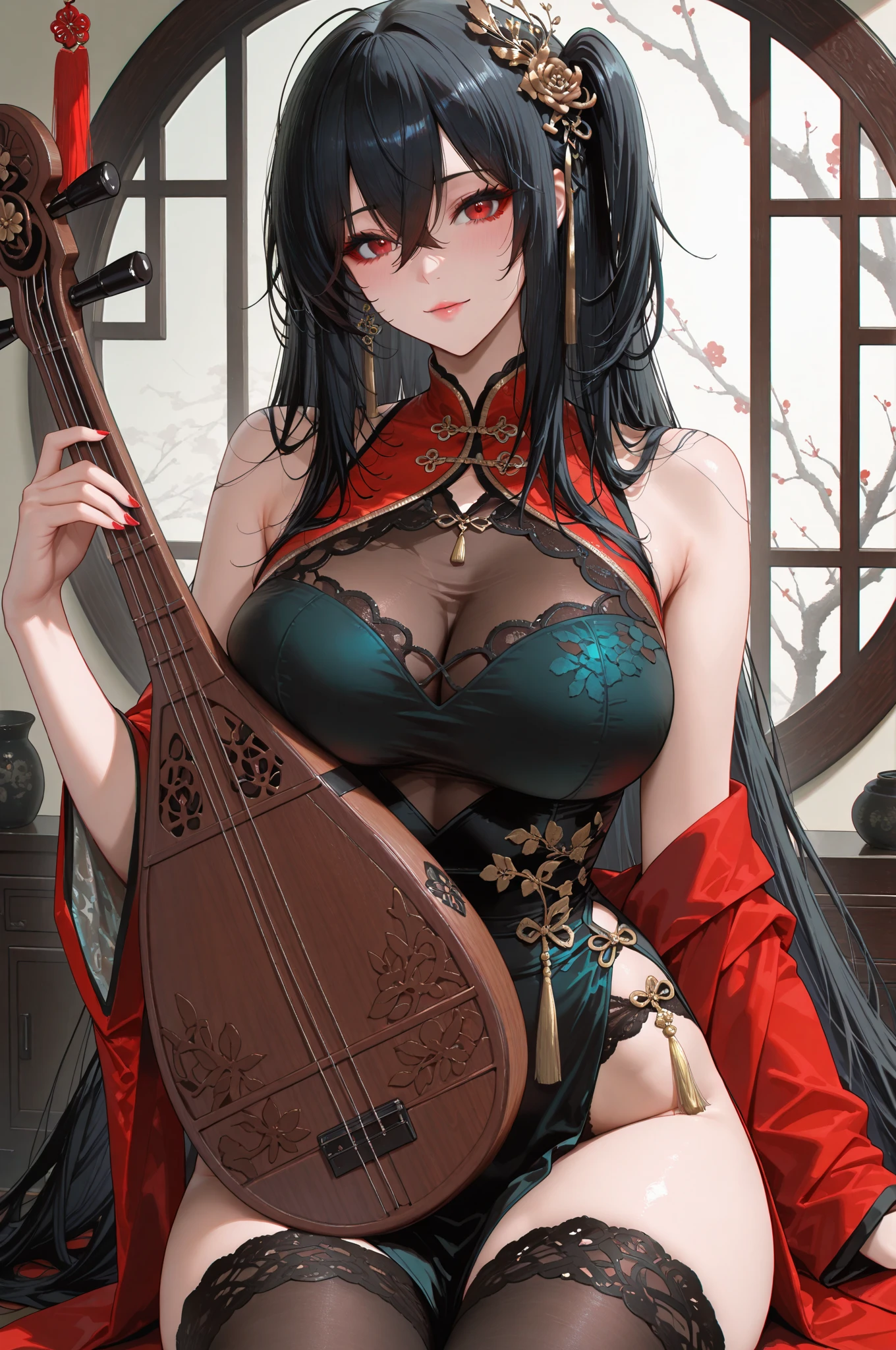 1girl, taihou \(azur lane\), long hair, red eyes, black hair, thighhighs, cleavage, dress, solo, red dress, hair ornament, looking at viewer, chinese clothes, china dress, sitting, instrument, bare shoulders, cleavage cutout, clothing cutout, huge breasts, garter belt, hair between eyes, black thighhighs, fishnet thighhighs, pelvic curtain, blood,<lora:yasuri-v1-any-final:0.7>