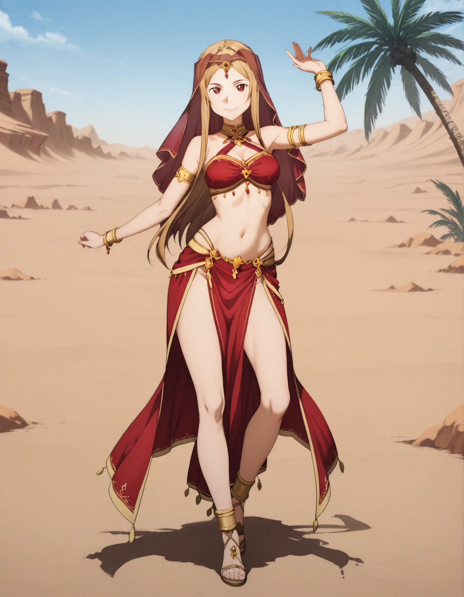 (1girl:1 . 5) , (Seul:1 . 5) , score_9 , score_8_haut , score_7_haut , source_anime , Official work , ultra-detailed , masterpiece , best quality selfie snapshot , high res , beaux yeux , detailed eyes , detailed face , beautiful detailed eyes ,Sword Art Online, Sortiliena Serlut,Arabian Clothes , Arabian Dancer ,belly dancer costume ,full body, golden jewelery,armlet, belly dancing,desert lands, palm tree, seductive smile, dancing with veil, dynamic movement,dance posture, seductive pose