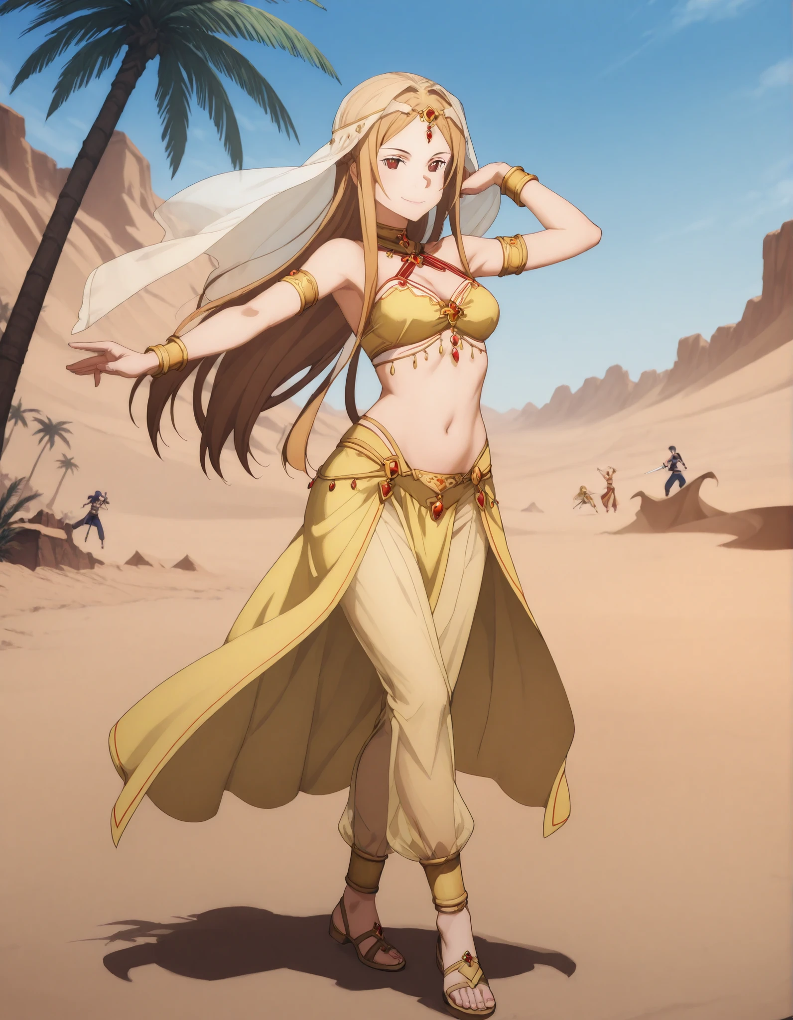 (1girl:1 . 5) , (Seul:1 . 5) , score_9 , score_8_haut , score_7_haut , source_anime , Official work , ultra-detailed , masterpiece , best quality selfie snapshot , high res , beaux yeux , detailed eyes , detailed face , beautiful detailed eyes ,Sword Art Online, Sortiliena Serlut,Arabian Clothes , Arabian Dancer ,belly dancer costume ,full body, golden jewelery,armlet, belly dancing,desert lands, palm tree, seductive smile, dancing with veil, dynamic movement,dance posture, seductive pose