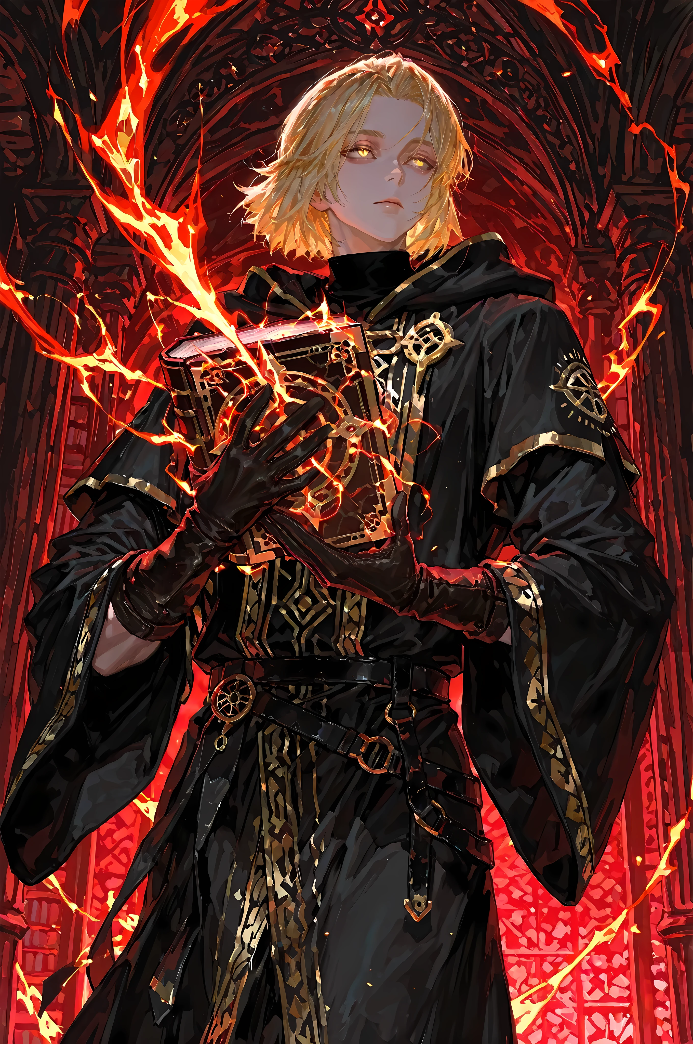 8k, beautiful masterpiece, looking ahead, alone, pale skin, Perfect Eyes shape, Athletic Build, ((He wears: long black robe with very wide sleeves and hood down, elegant black with red accents wizard clothing, black belt with golden buckle, pouches and scrolls attached to belt, golden Eye of Agamotto amulet, arcane gloves)), (((background is library, is emotionless and somber while holding 1 grimoire and channeling energy))), mature man, muscular, 1 man, male-centered, handsome man, handsome, short hair, blonde hair, Thick painted, golden eyes, Perfect Eyes, masterpiece, top quality, amazing quality, exquisite details, very detailed, semi-realism art, semi-realism art style